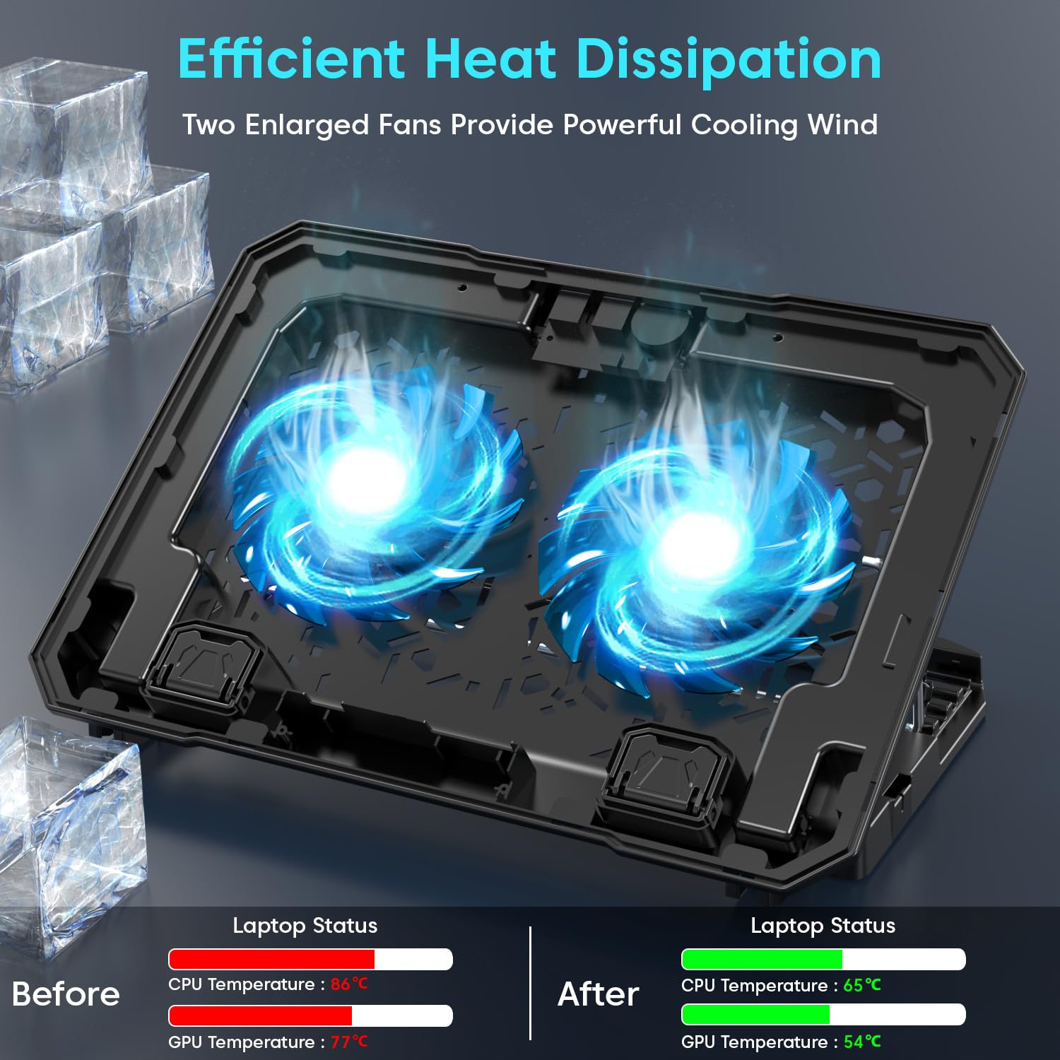 Sounce NC5500D Dual Fan Laptop Cooler with Silent Operation, Fan Speed Adjustment, Smart Display Panel, 5-Level Foldable Stand & Phone Holder – Black