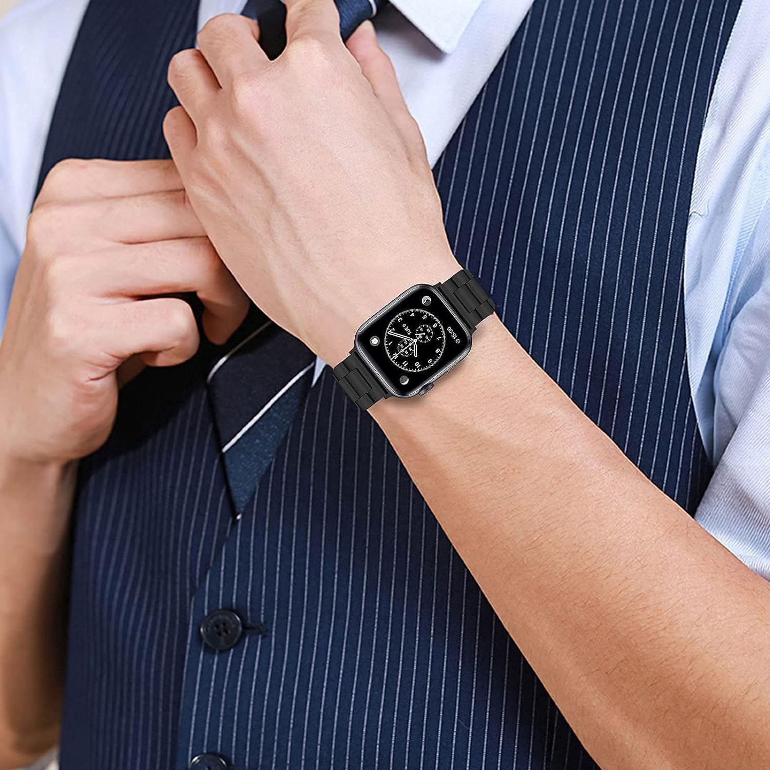 Sounce Stainless Steel Band for Apple Watch Strap Ultra/Ultra 2 Link Bracelet 49mm 44mm 45mm 42mm, Metal Strap with Folding Clasp for Apple Watch Series 9 8 7 6 5 4 3 2 1 SE - Black