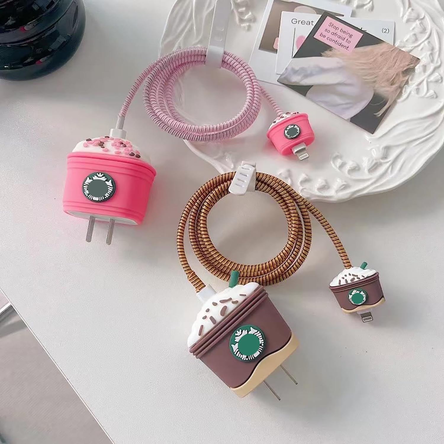 Sounce iPhone 18W & 20W Charger Protector with 3D Cute Starbucks Pattern and Wire Protector for Lightning Cable - Charger Protective Cover, Protection Sleeve, Cord Saver for Earphone