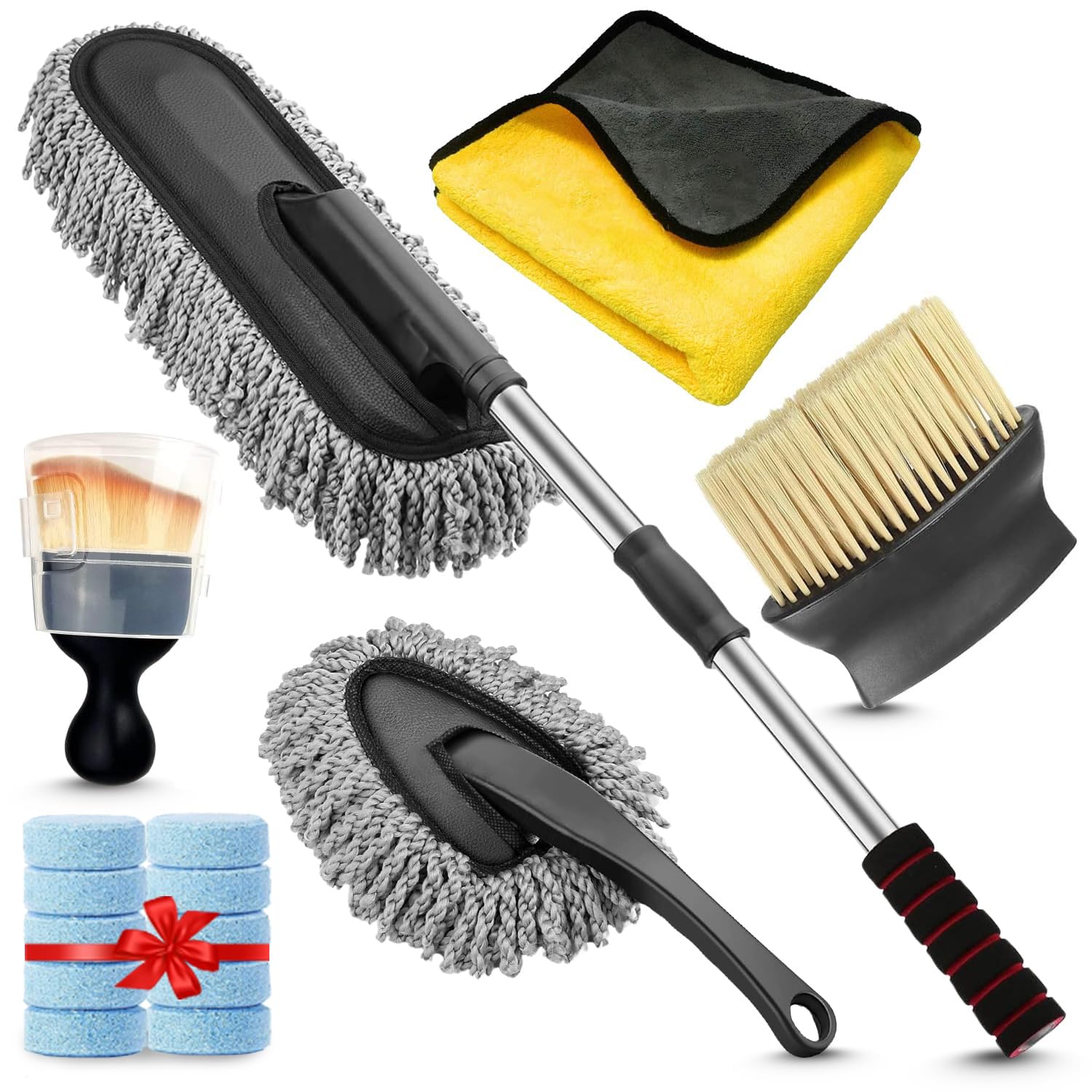 Sounce Car Cleaning 6 in 1 Kit Microfiber Duster with Long Handle Cleaning Brush Exteriror and Interiror Cleaner Cloth Ac Vent Cleaner Brush for Car, Motorbike, SUVs with Glass Cleaner Tablets