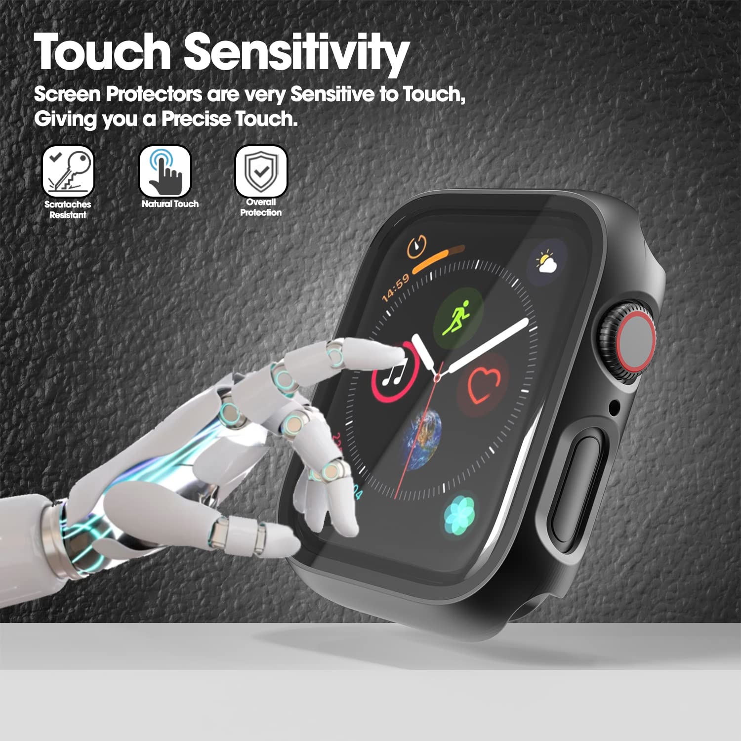 Sounce 45mm Silicone Apple Watch Case with Screen Protector – Scratch-Resistant & Dustproof (Black)