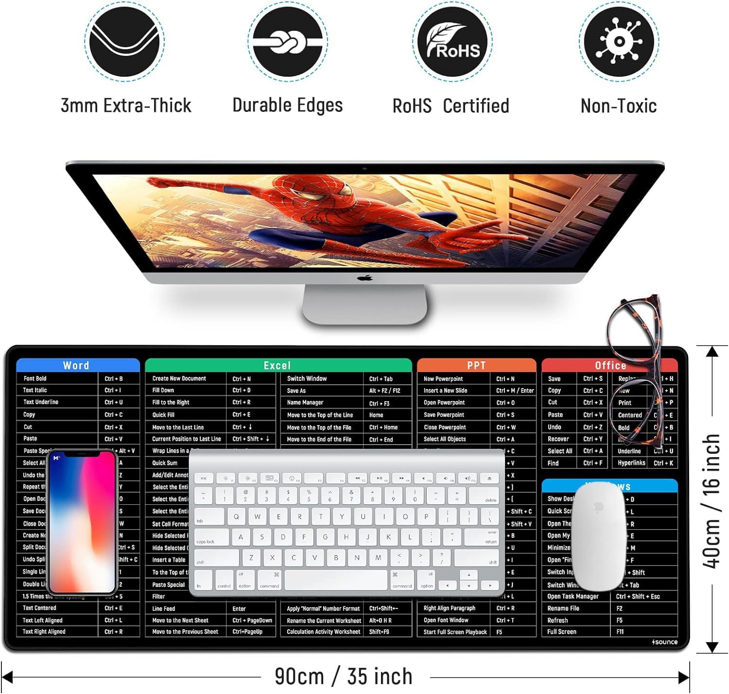 Sounce Mouse Pad Advanced Formula Rubber Extended Gaming Mouse Pad with Smooth Mouse Control Mercerized Surface Anti-fray Edges and Anti Slip Rubber Base Dimensions 800L x 300B x 2H mm (Black)