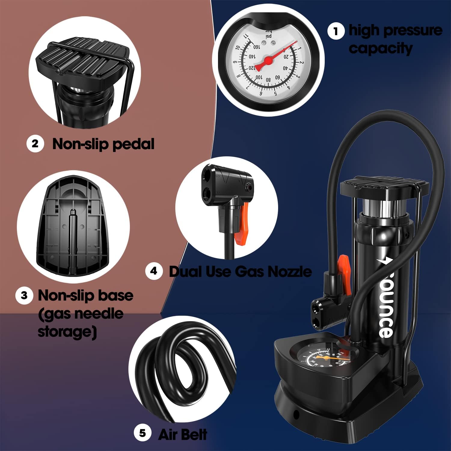 Sounce Portable High Pressure Foot Air Pump Heavy Compressor Cylinder with Gauge Floor for Bicycle, Car and Motorbike for Football Cycle Pumps for Bicycle for Tubeless - Black