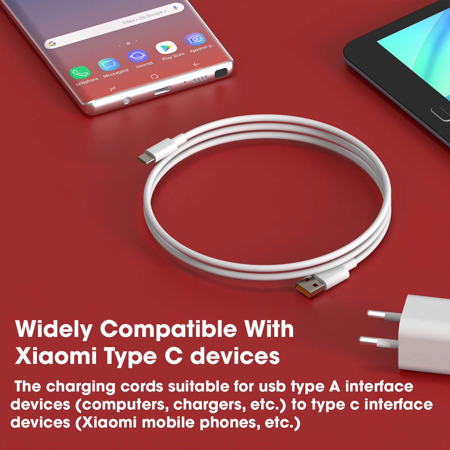 33W USB to Type-C Hypercharge Cable by Sounce | 3A Fast Charging & 480Mbps Sync Cord for Xiaomi, Redmi & Other Type-C Devices – White (1m)