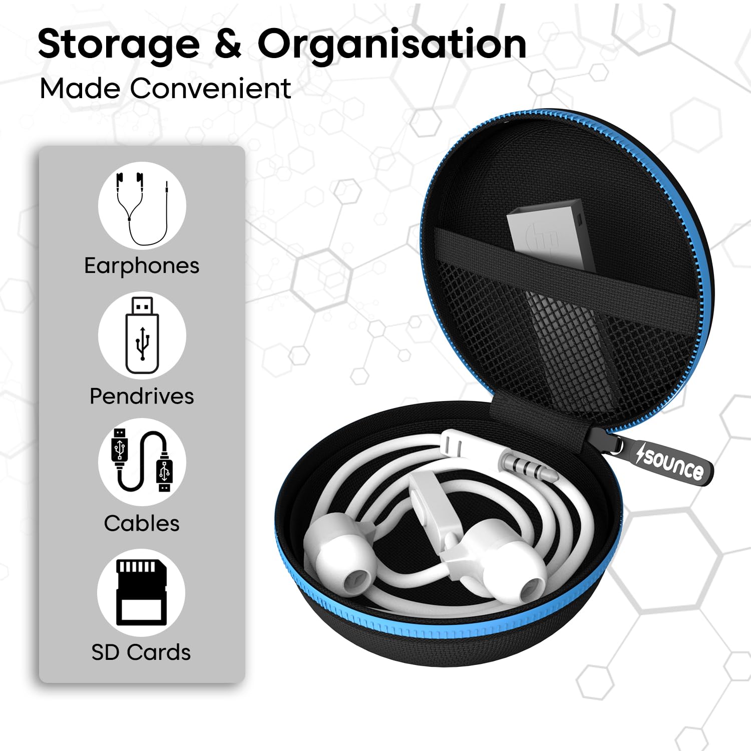 Sounce Earphone Carry Case, Headphone Carrying Case Pouch Cover for Earphones, Multi Use Storage Travel Organiser for Earphones, SD Cards, Pen Drives with in-Built Anti Scratch Mesh Pocket (Blue)