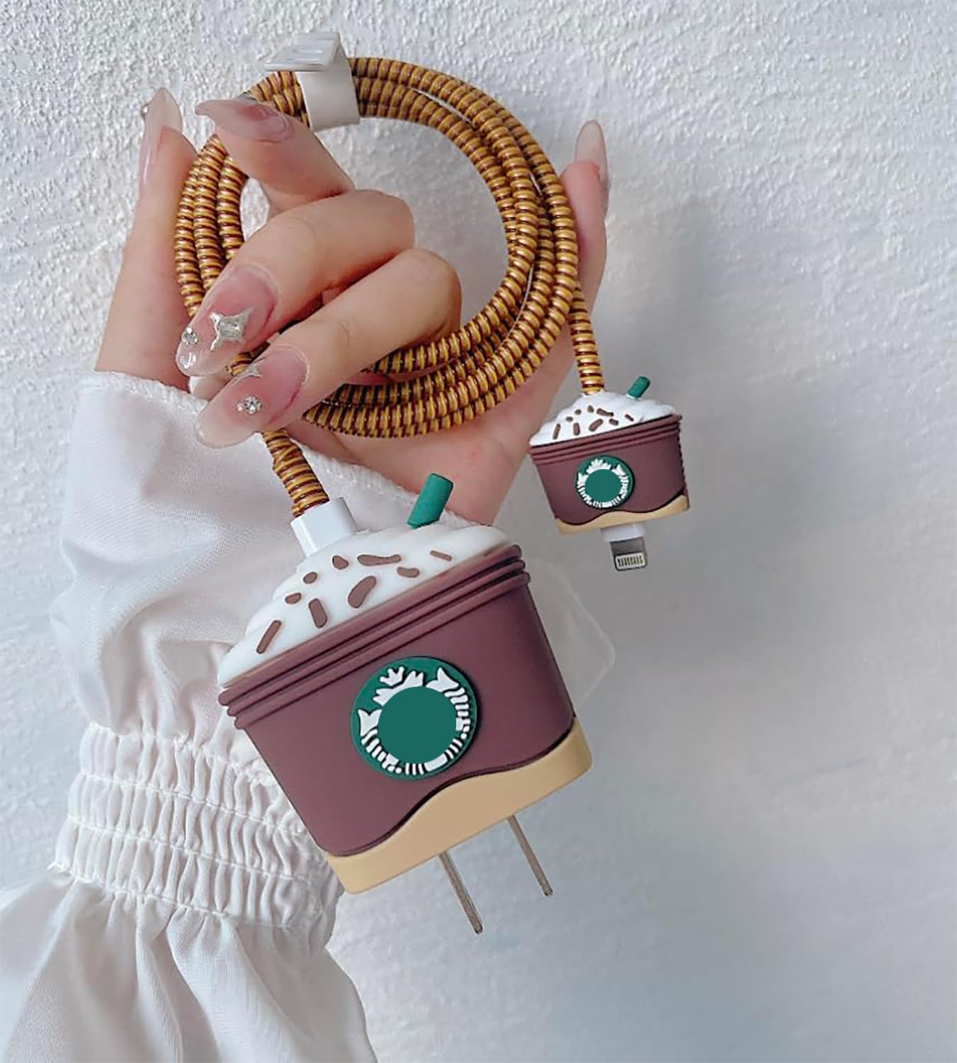 Sounce iPhone 18W & 20W Charger Protector with 3D Cute Starbucks Pattern and Wire Protector for Lightning Cable - Charger Protective Cover, Protection Sleeve, Cord Saver for Earphone