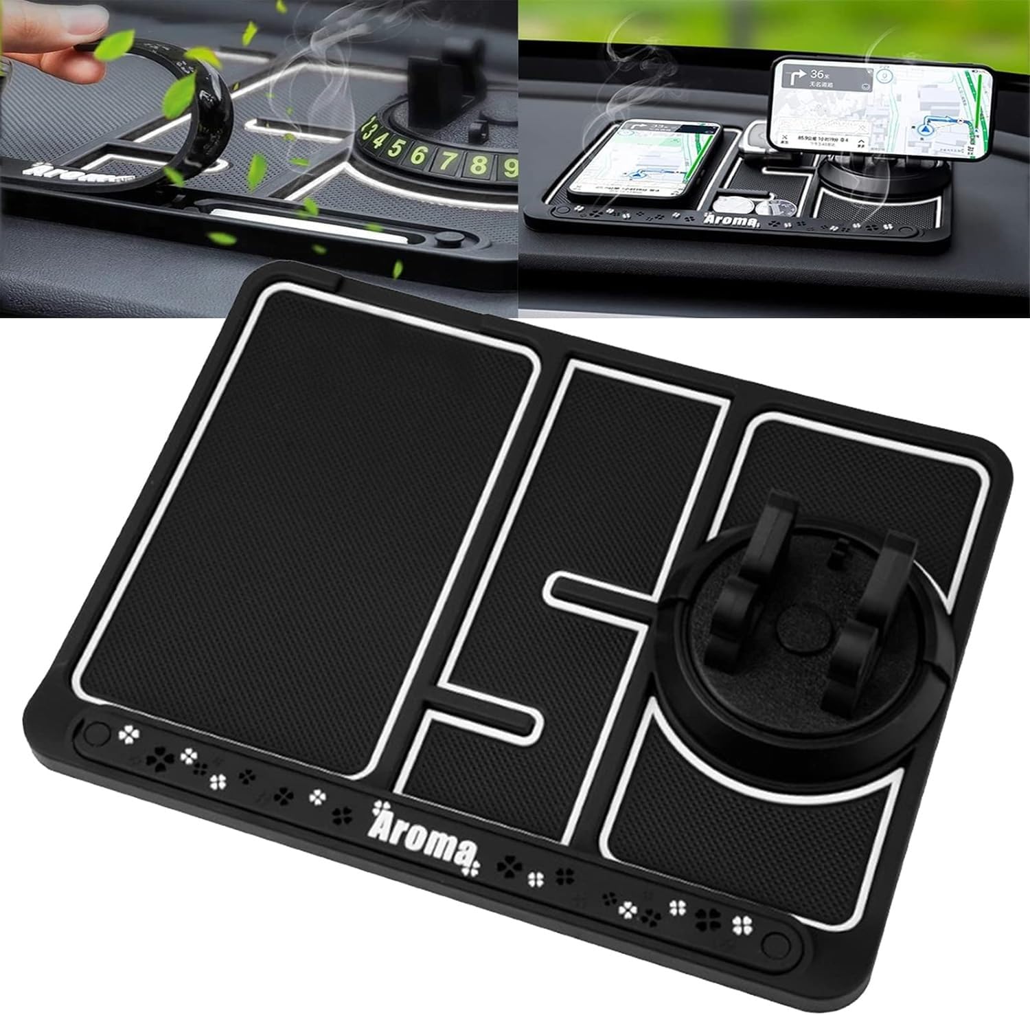 Sounce Anti-Slip Car Dashboard Mat with Phone Holder & Aromatherapy - Universal Non Slip Sticky Rubber Pad with 2 Aroma Sticks & Radium Night Glow for Smartphone, GPS Navigation- Black