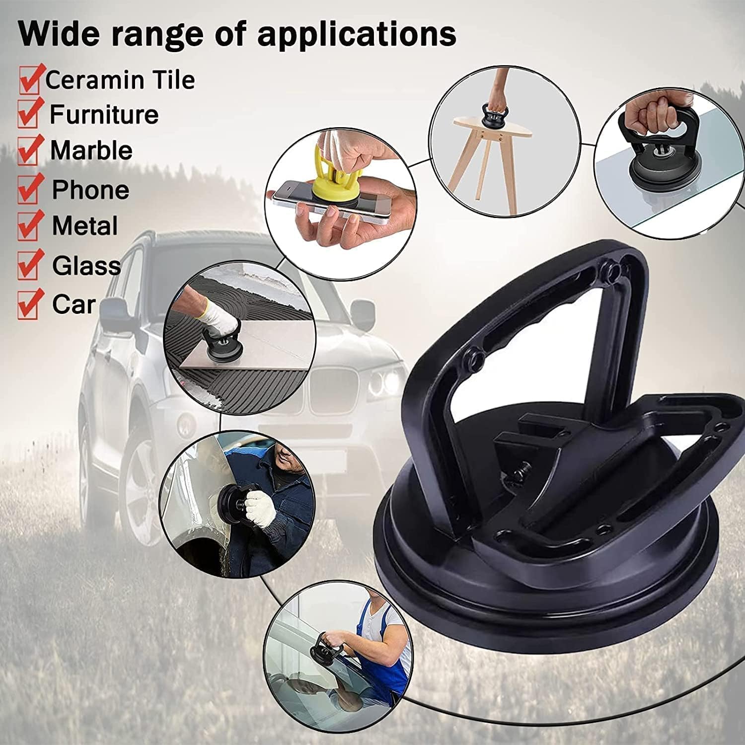 Sounce Car Dent Remover Puller Handle Lifter Car Dent Puller, Glass, Tiles, Mirror Lifting and Objects Moving Professional-Grade Automotive Repair Dent Removal Tool Car Dent Puller Suction Cup - Black