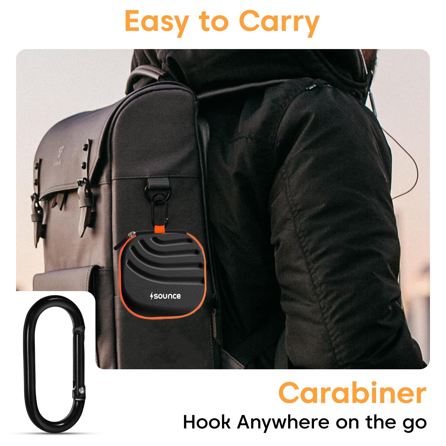 Sounce Earphone Carrying Case with Carabiner Hook | Multi-Purpose Travel Organizer for Earphones, Pen Drives, Memory Cards & Cables | Shockproof & Compact Storage (Black)