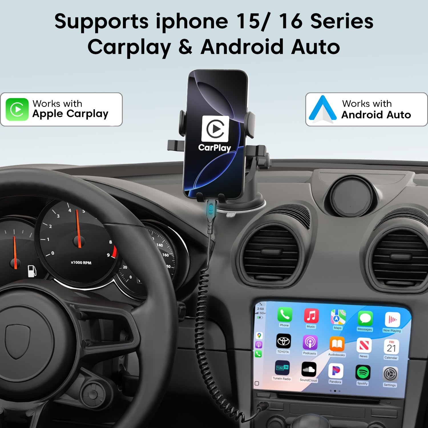 Sounce USB C to USB C 100W Fast Charging Coiled Cable for Car with Smart LED Power Display, Stretchable & Tangle-Free Type C Charger Cord for iPhone 16/15 Pro/Plus/Max & All Type-C Devices