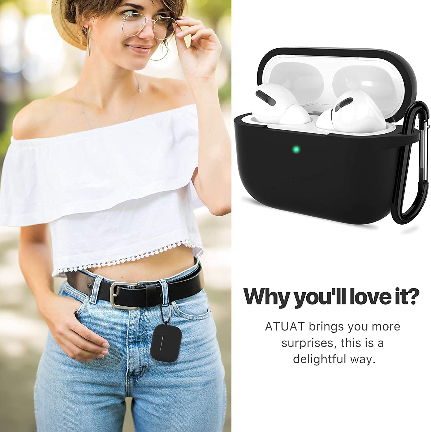 Sounce AirPods Pro Case, Soft Silicone Skin Case Cover Shock-Absorbing Protective Case with Keychain Compatible with AirPods Pro [Front LED Visible] (Black)