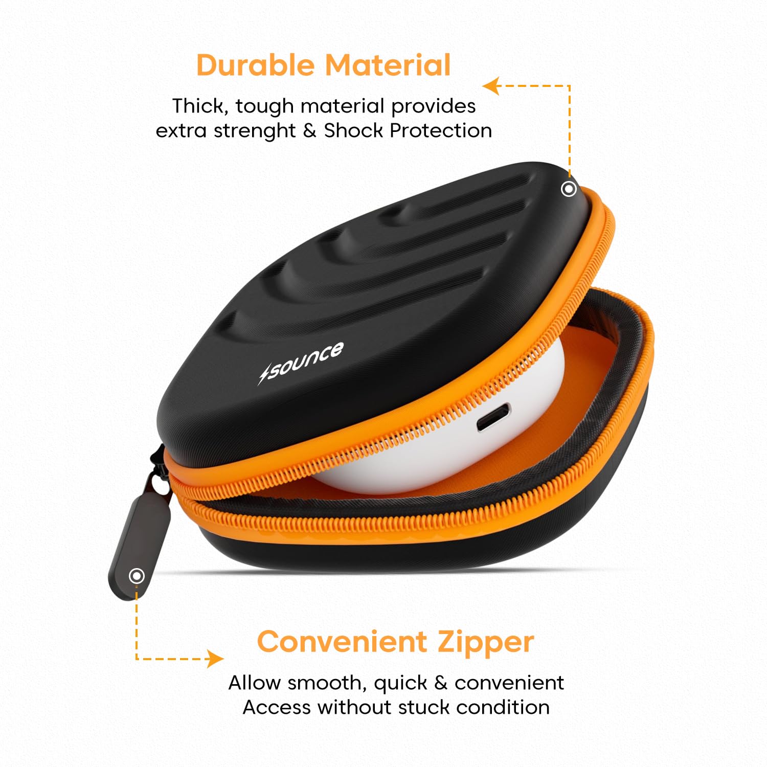 Sounce Earphone Carrying Case with Carabiner Hook | Multi-Purpose Travel Organizer for Earphones, Pen Drives, Memory Cards & Cables | Shockproof & Compact Storage (Black)