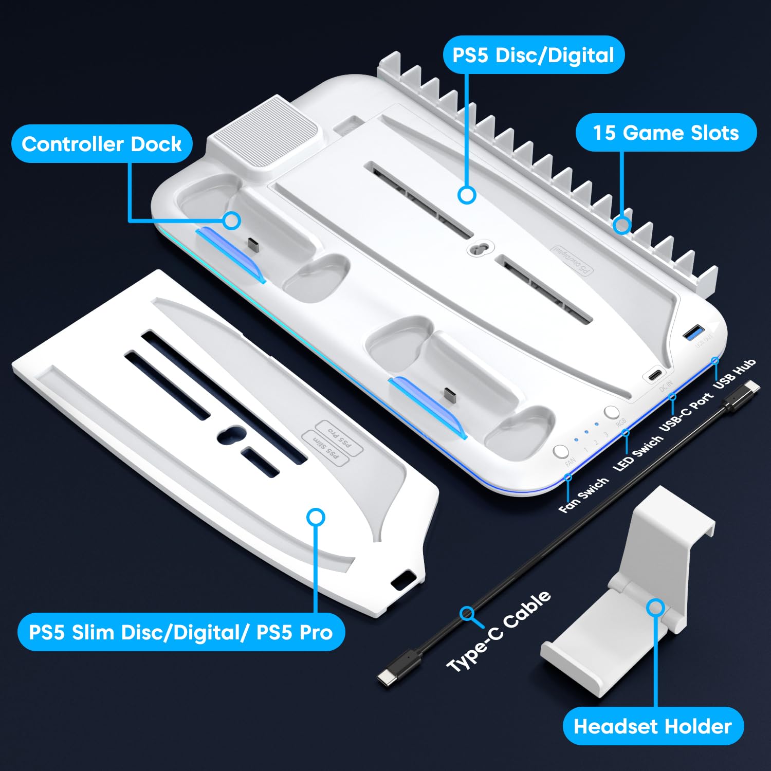 Sounce Dock5 RGB PS5 Cooling Stand with Dual Controller Charging Station – All-in-One Vertical Stand for PS5 Disc & Digital Edition with RGB Lighting, Headset Holder, 6 Game Slots (White)