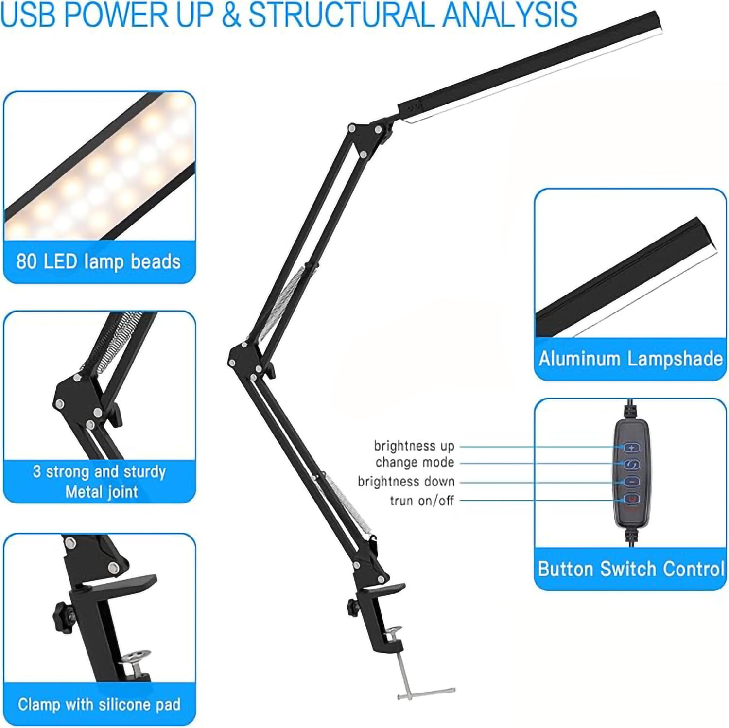 Sounce Table LED Desk Lamp Light with Metal arm Stand | 3 Lighting Modes | Overhead LED Desktop Lamp | USB LED Lamp for Studing, Reading, Home, Office, Desktop, Bedroom, Reading & Multipurpose use