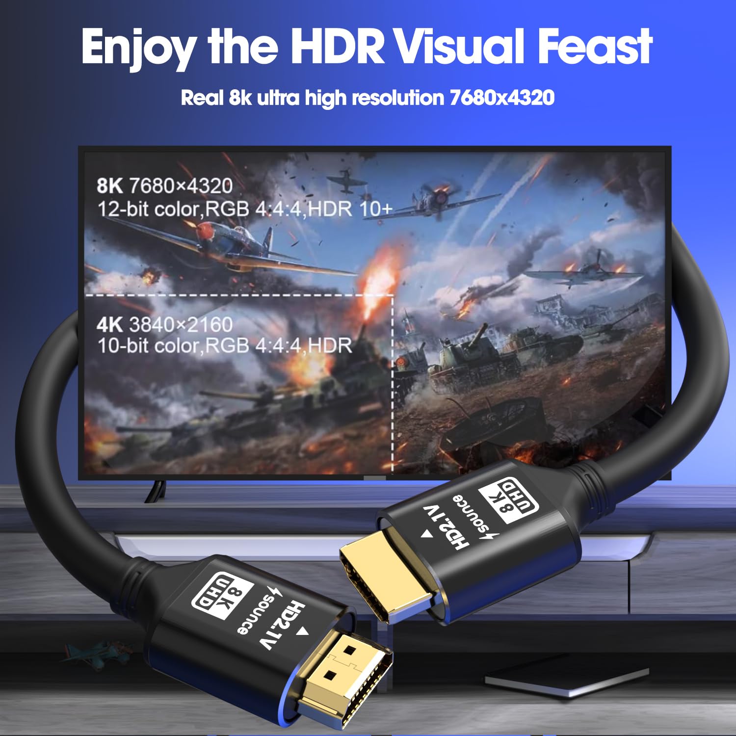 Sounce 8K HDMI 2.1 Cable – 6ft / 10ft – Ultra HD 8K@60Hz, 4K@120Hz, 48Gbps, HDR, eARC, Ethernet – Compatible with PS5, Xbox, Roku, Apple TV, PC