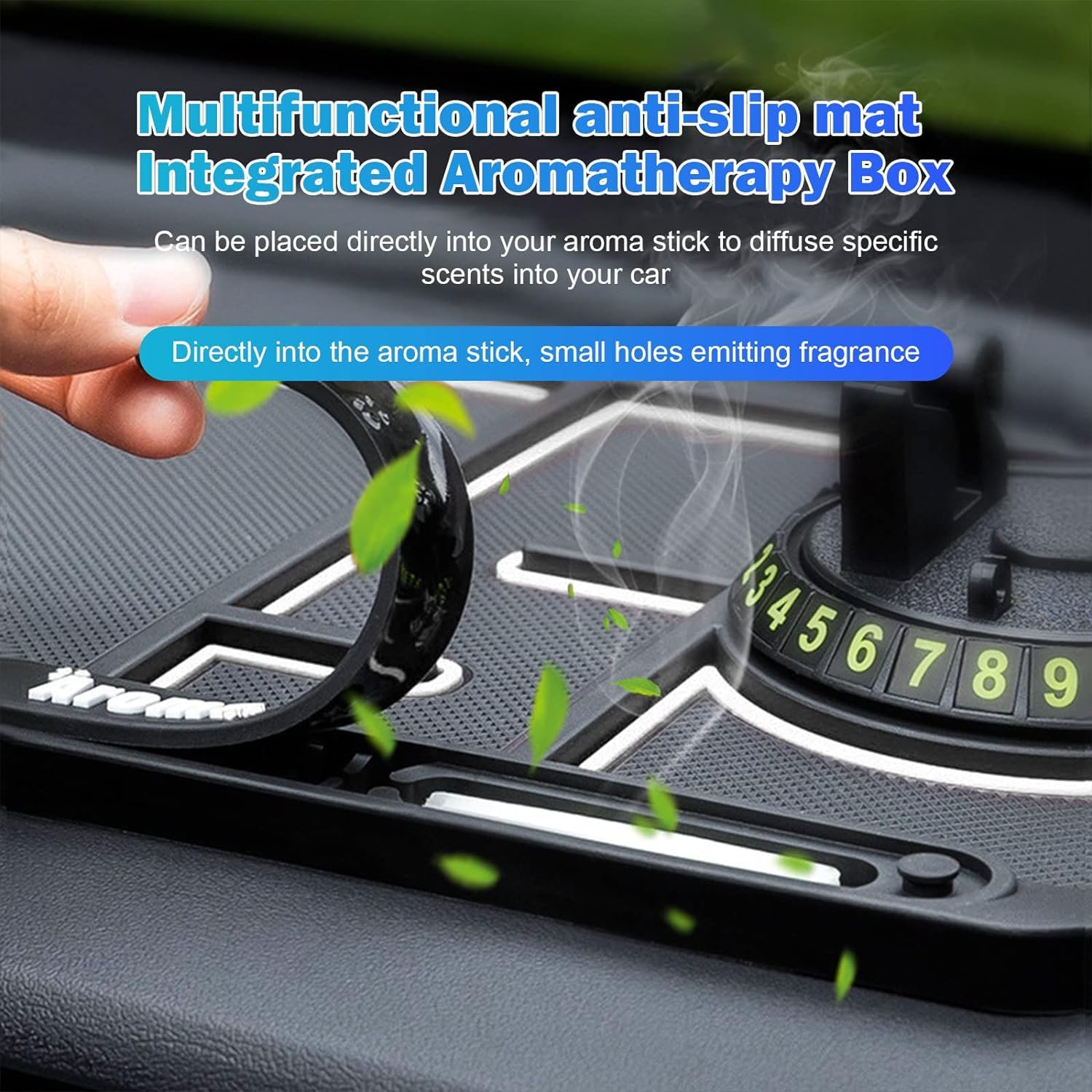 Sounce Anti-Slip Car Dashboard Mat with Phone Holder & Aromatherapy - Universal Non Slip Sticky Rubber Pad with 2 Aroma Sticks & Radium Night Glow for Smartphone, GPS Navigation- Black