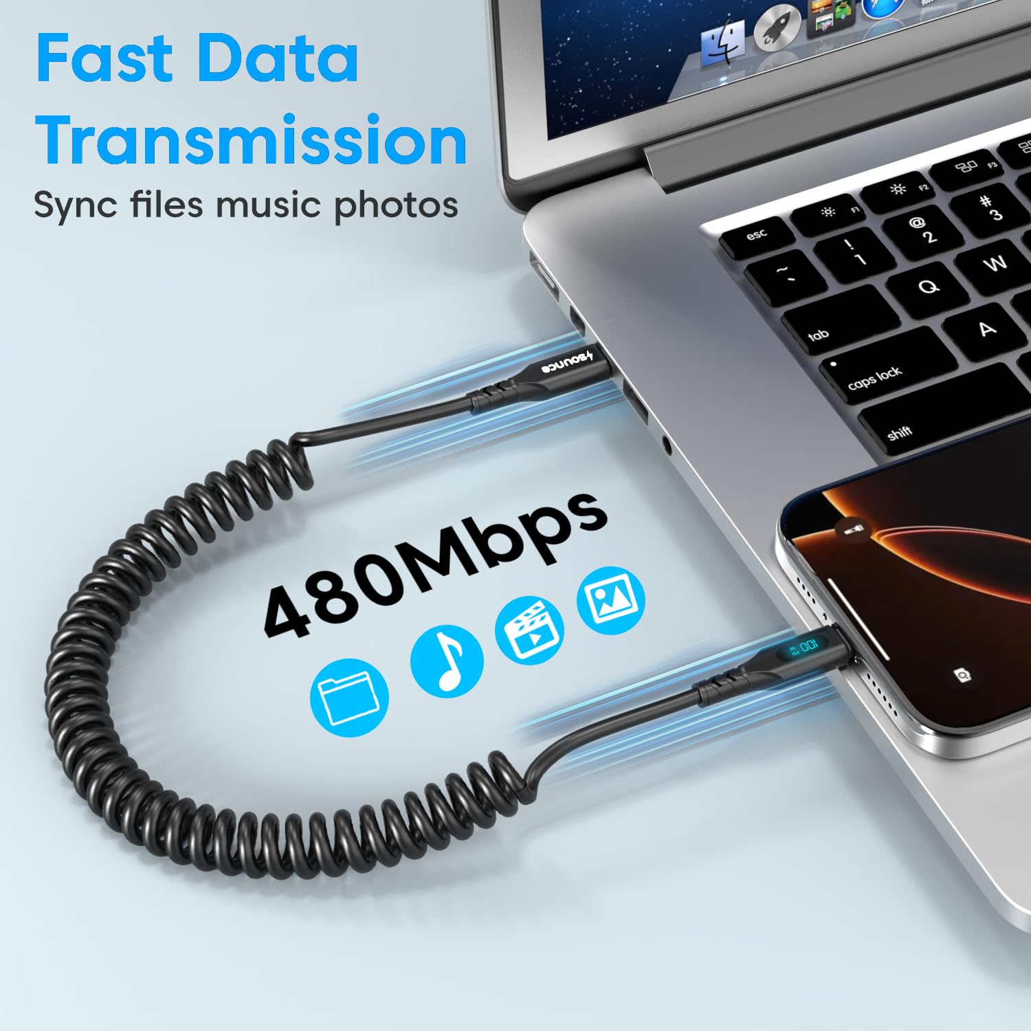 Sounce USB C to USB C 100W Fast Charging Coiled Cable for Car with Smart LED Power Display, Stretchable & Tangle-Free Type C Charger Cord for iPhone 16/15 Pro/Plus/Max & All Type-C Devices