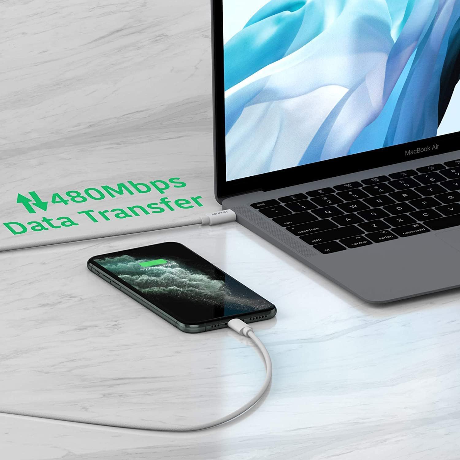 Sounce Type-C to Lightning 20W Charging Cable, 3A Fast Charging Cable with Up to 480 Mbps High-Speed Data Transfer & Sync Cord Compatible with iPhone, iPad, iPad Air, Pro, Mini & Other iOS (White)
