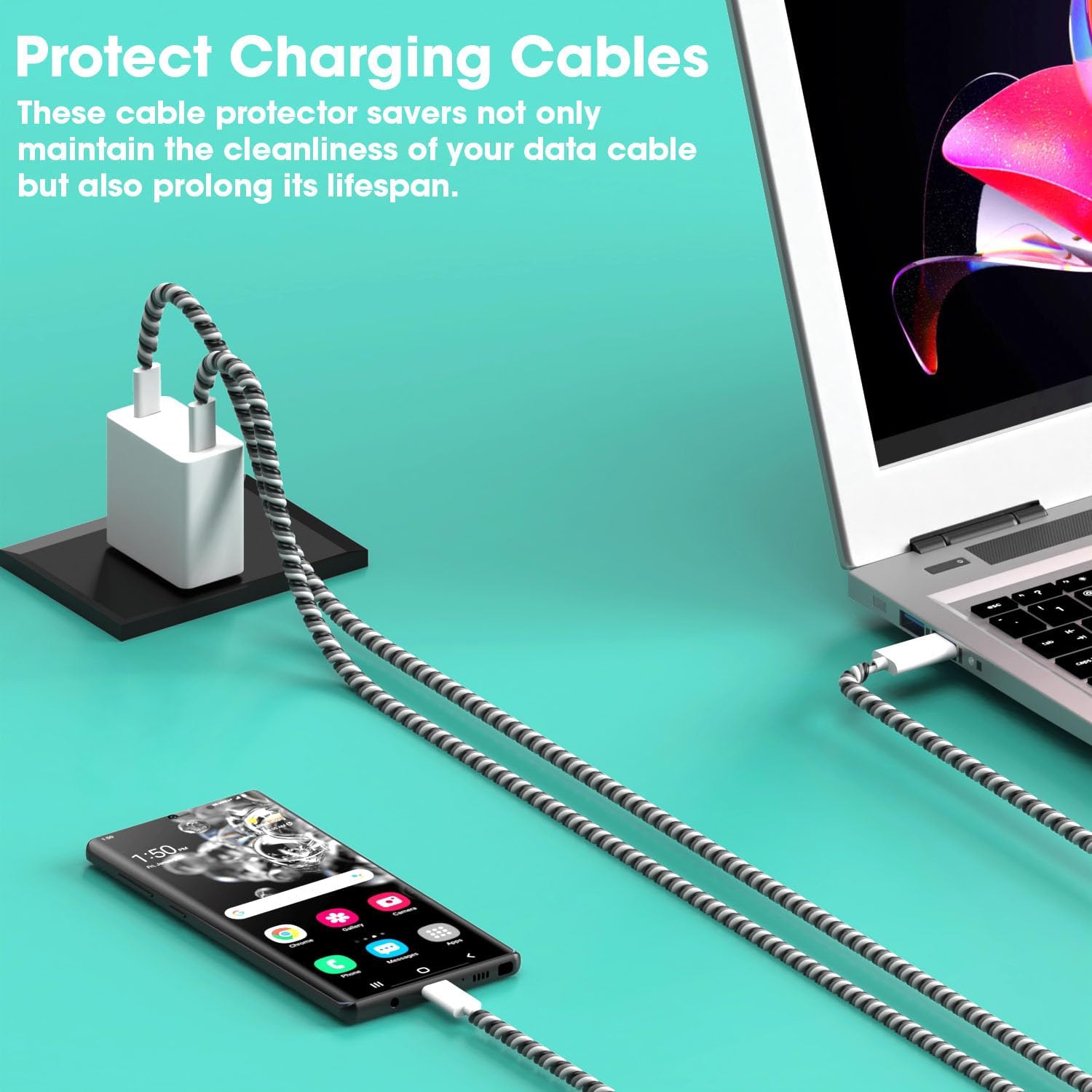 Sounce Ultimate Cable Protector | Spiral Triple Colour 1.5 Meter / 150 cm | Plastic Cord Wire Charger Winder for iPhone and Android Charging Cables (Pack of 3)