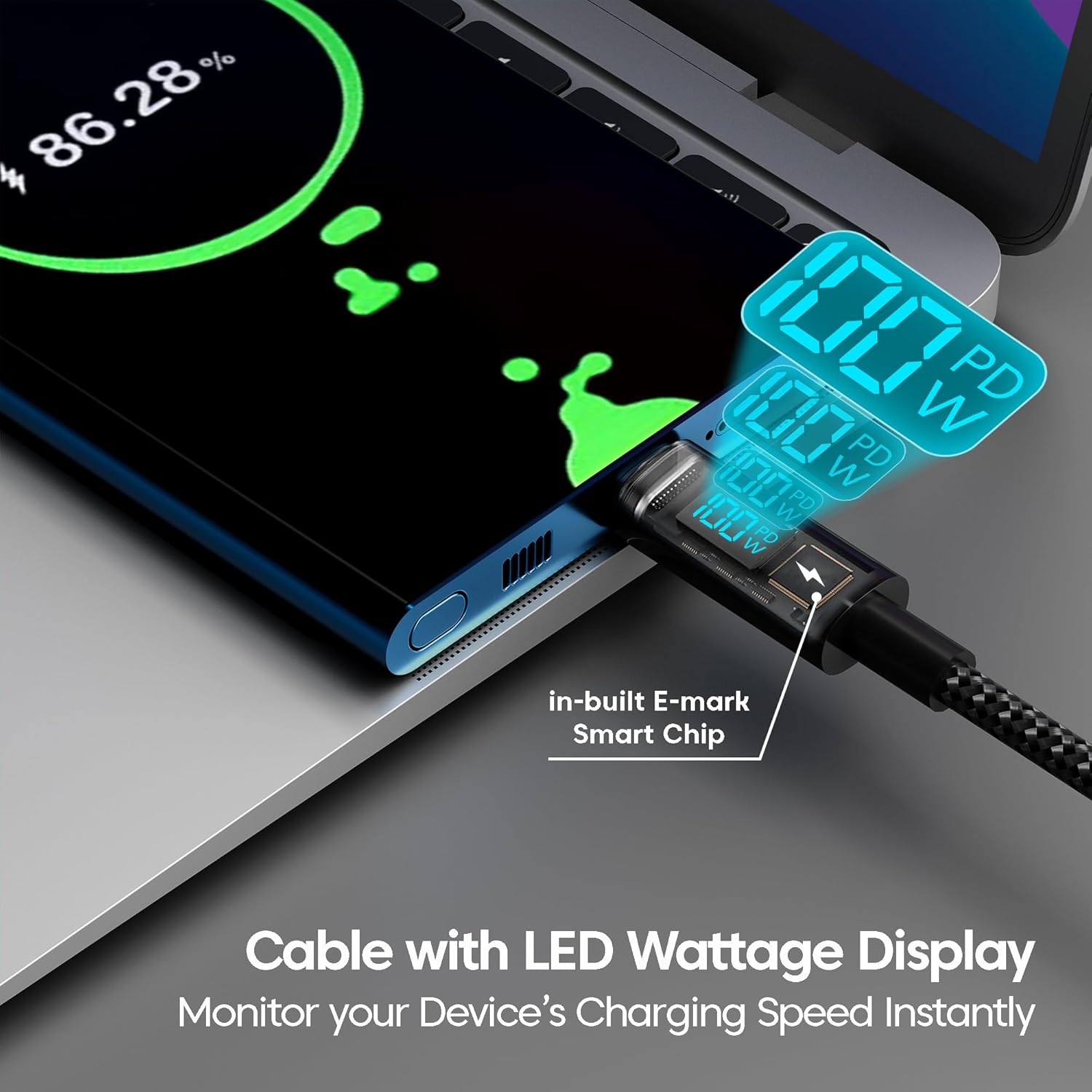 Sounce Unbreakable Type C to Type C 100W Fast Charging Cable with LED Display, 5A Max Output, Fast Data Sync, 1.5 Meter Cable for Smartphones, Tablets, Tangle Resistance supports Laptop Charging
