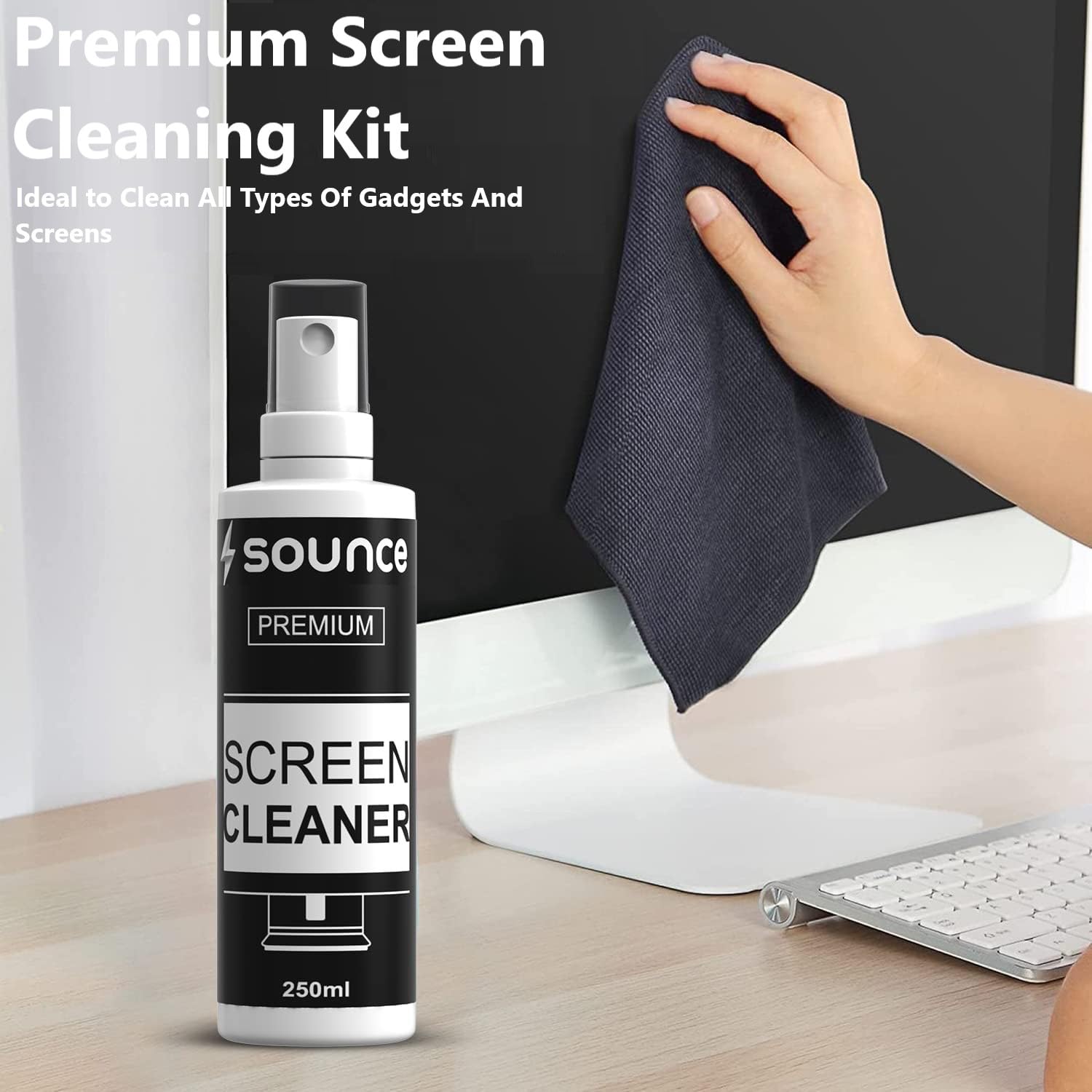 Sounce 8 in 1 Laptop Screen Cleaner, Cleaning kit for Mobile, iPhone, Airpods, Earbuds, Keyboard, Multifunctional Tool Gadget with 250Ml Cleaning Liquid Spray - White