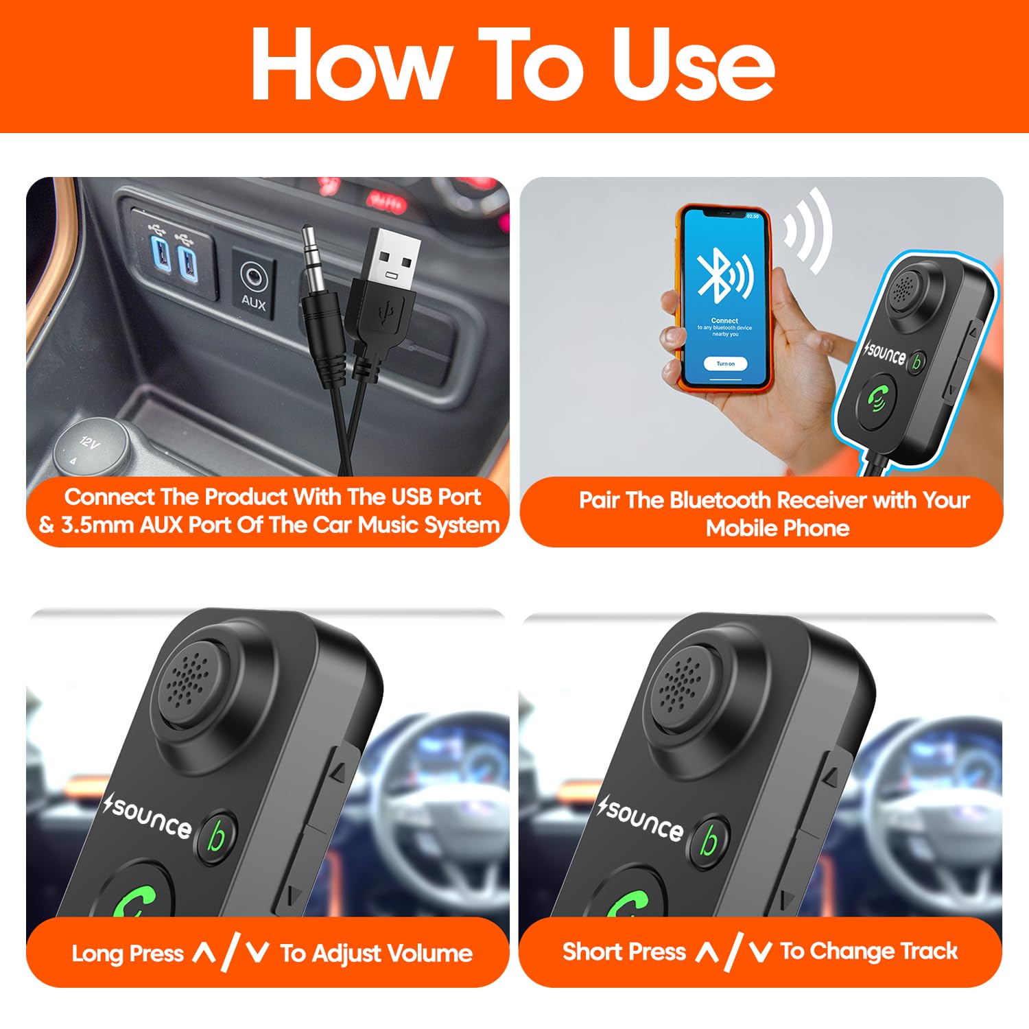 Sounce Bluetooth Receiver for Car | Bluetooth Car Device for Handsfree Calling | Bluetooth 5.0 Transmitter Receiver for Home, Headphones, PC,TV and All Smartphones (Black)