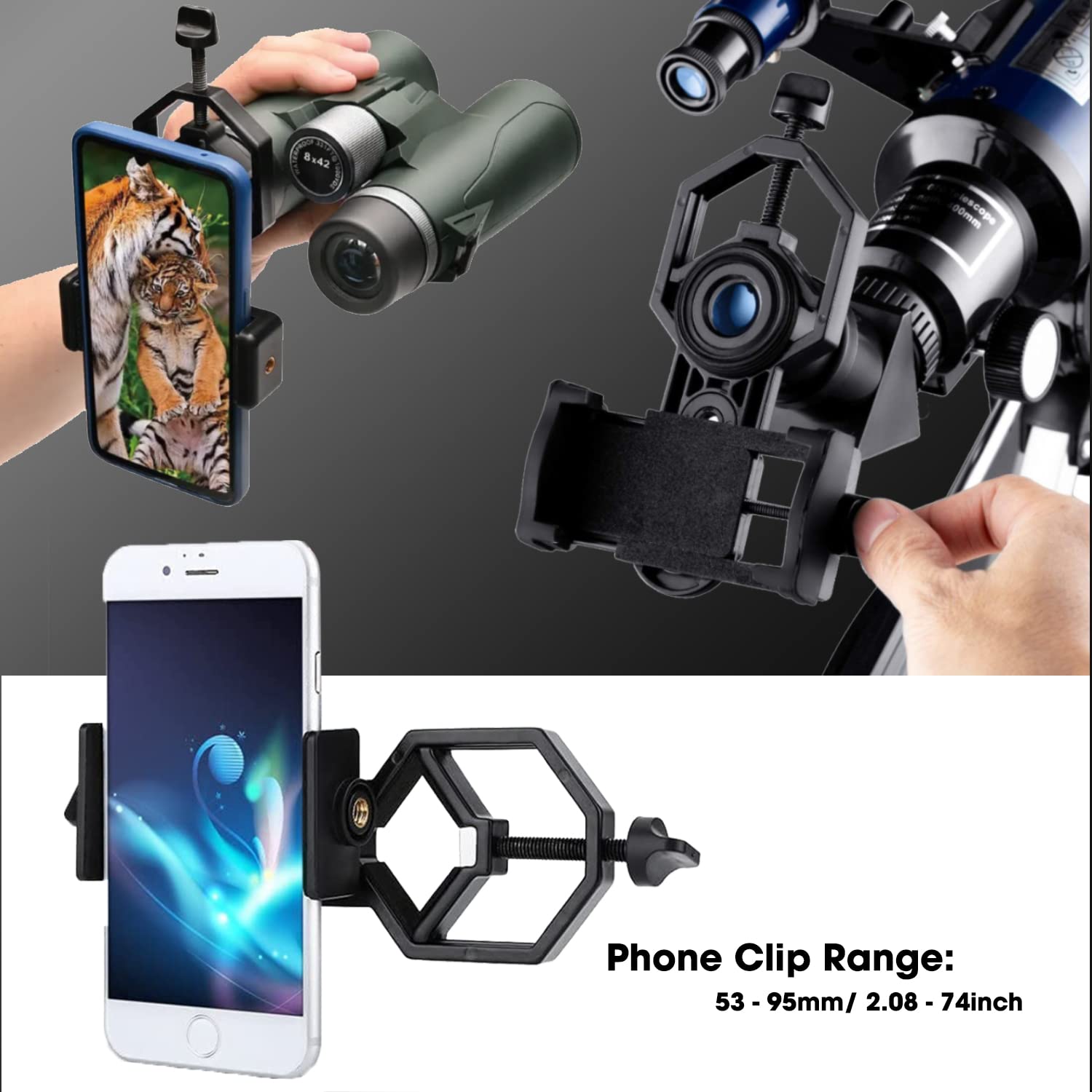 Sounce Telescope Phone Adapter, Universal Cell Phone Mount Compatible Binoculars, Monocular, Microscope, Spotting Scope, Telescope, Smartphone Holder Clip Bracket Fits Almost of Mobile Phones