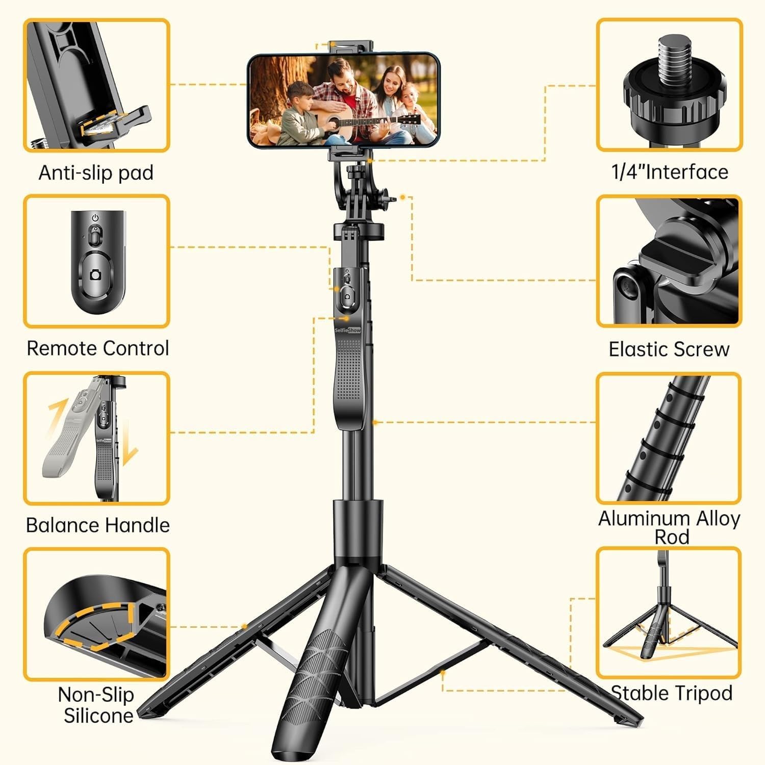 Sounce Selfie Stick with Tripod Stand, Aluminum 360 Degree Rotatable Bluetooth Selfie Stick 62 inches/158 cm Tripod for Vlogging, Tripod for phone, Mobile Stand for Video Recording,Mobile,Camera,GoPro