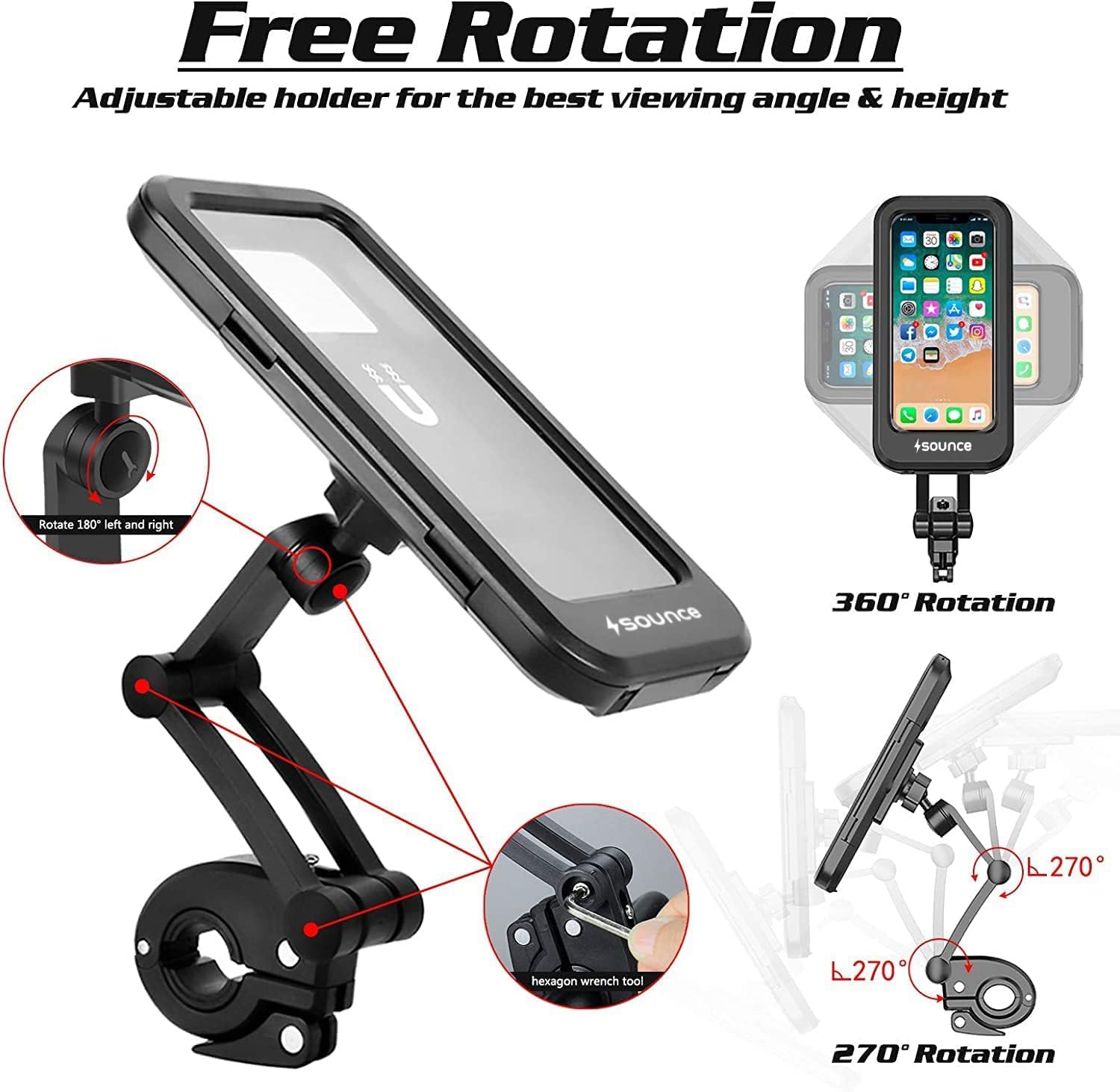 Sounce Bike Phone Mount Waterproof Cell Phone Holder 360 Rotation Motorcycle Smartphone Case Universal Bicycle Handlebar Sensitive Touch Screen Fit Below 4-7.2 Inches Smartphone (Black)
