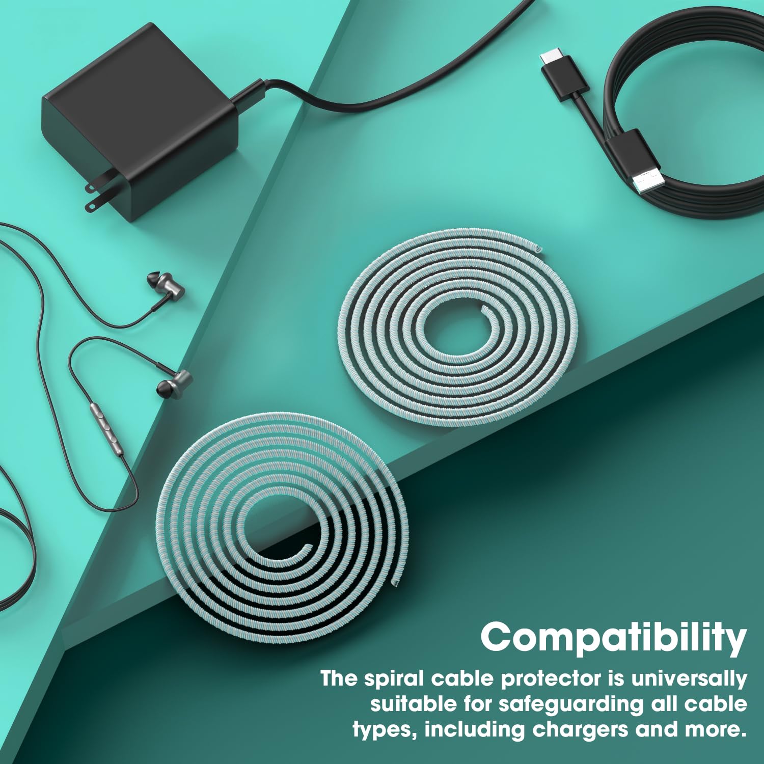 Sounce Spiral Cable Protector, 1.7 Meter Charging Cable Protection Data Cable Protective Sleeve, Cord Saver, Cable Protective Cover for Earphone, Data Wire Cable, Durable PVC - Aqua Blue (Set of 2)