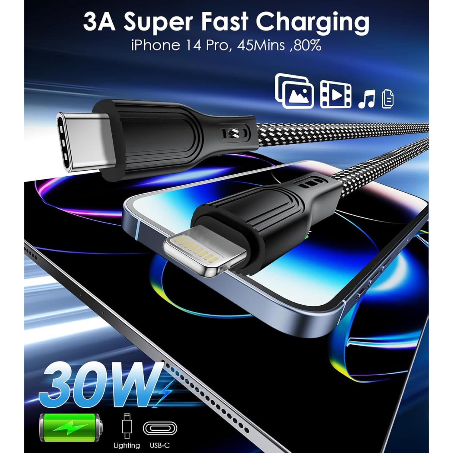 Sounce Type-C to Lightning 65W Power Delivery Fast Charging & Data Sync Cable 3.1A High-Speed Transfer Durable Nylon Braided Cord for iPhone, iPad, AirPods & Apple Devices 1 Meter (Black)