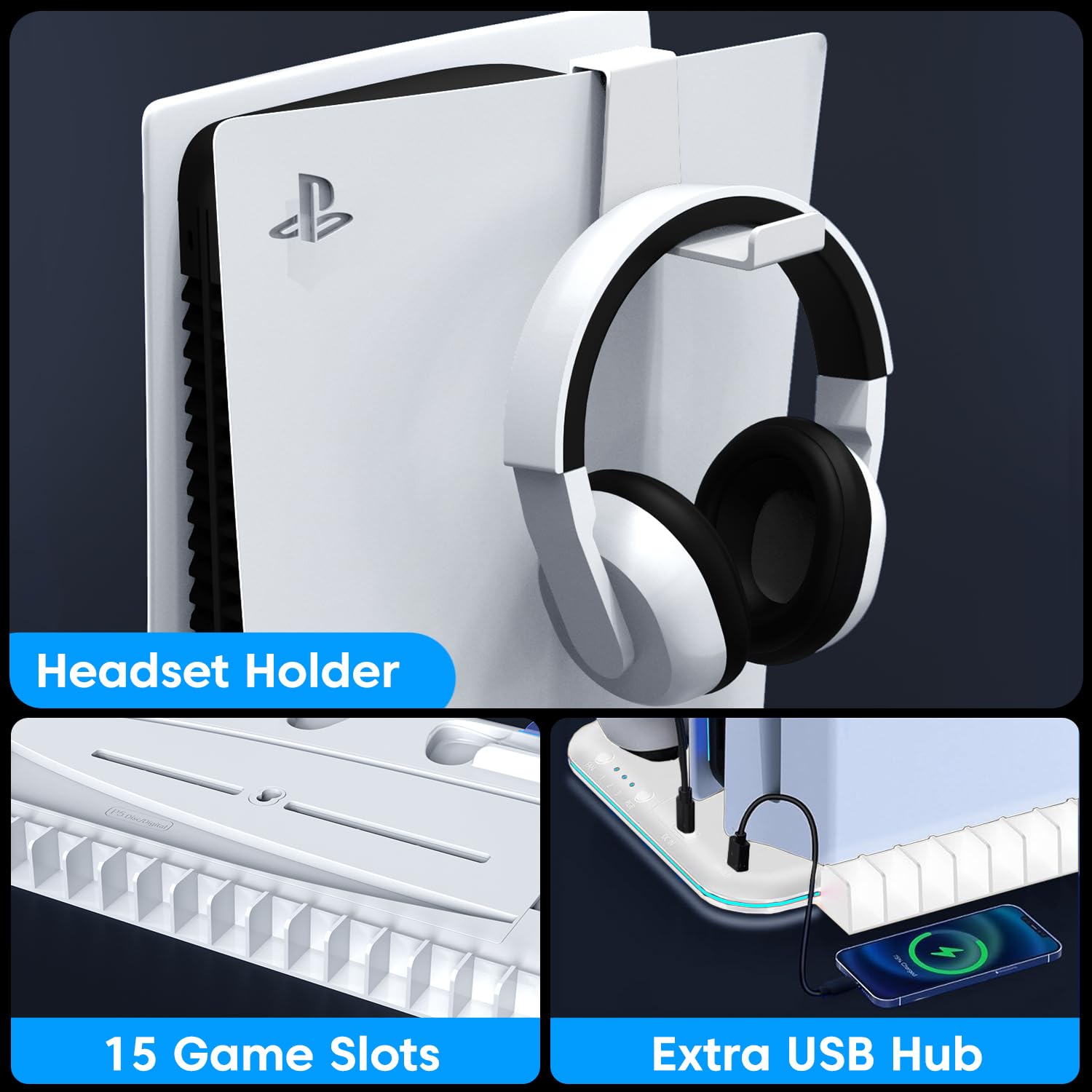 Sounce Dock5 RGB PS5 Cooling Stand with Dual Controller Charging Station – All-in-One Vertical Stand for PS5 Disc & Digital Edition with RGB Lighting, Headset Holder, 6 Game Slots (White)