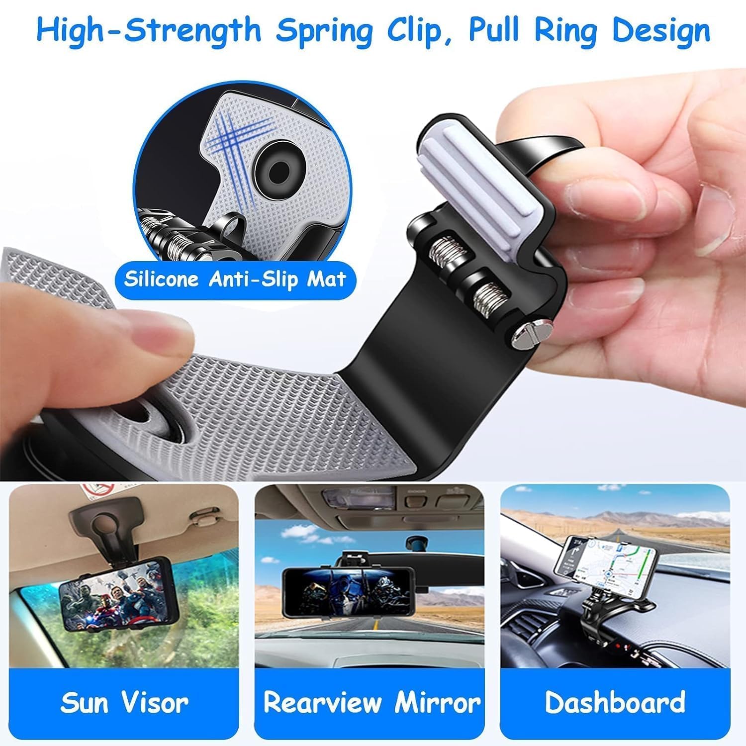 Sounce 360 Rotatable Car Mobile Holder for Dashboard Anti Slip Multifunctional Car Rearview Mirror Phone Holder 360 Degree Car Phone Mount for All Mobile Phones Size Up to 6.5 Inch Black