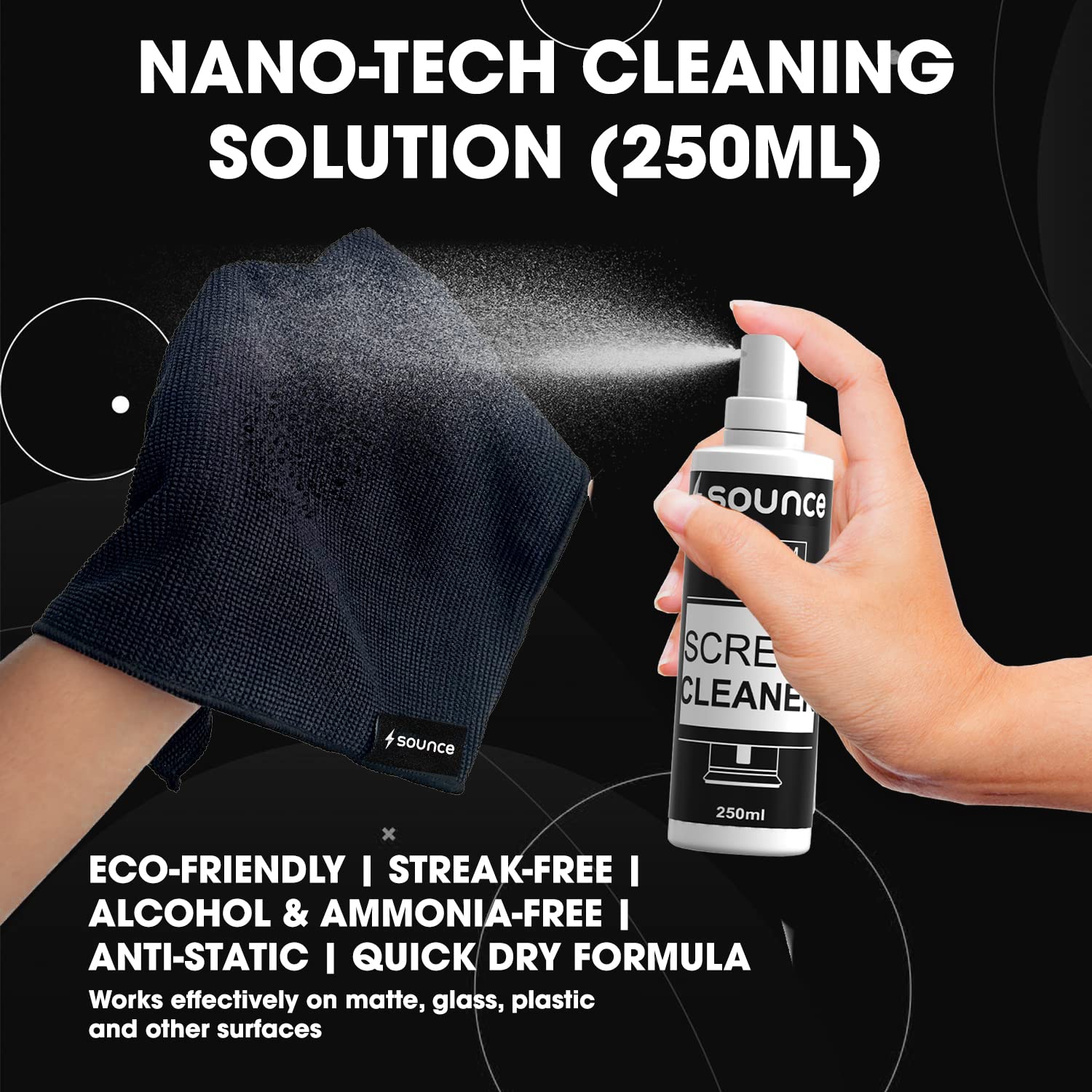 Sounce 2-in-1 Professional Screen Cleaning Kit | 250ml Anti-Static Non-Toxic Spray + Plush Microfiber Cloth | For Camera, Laptop, Monitor, TV, Smartphone, Tablet & More