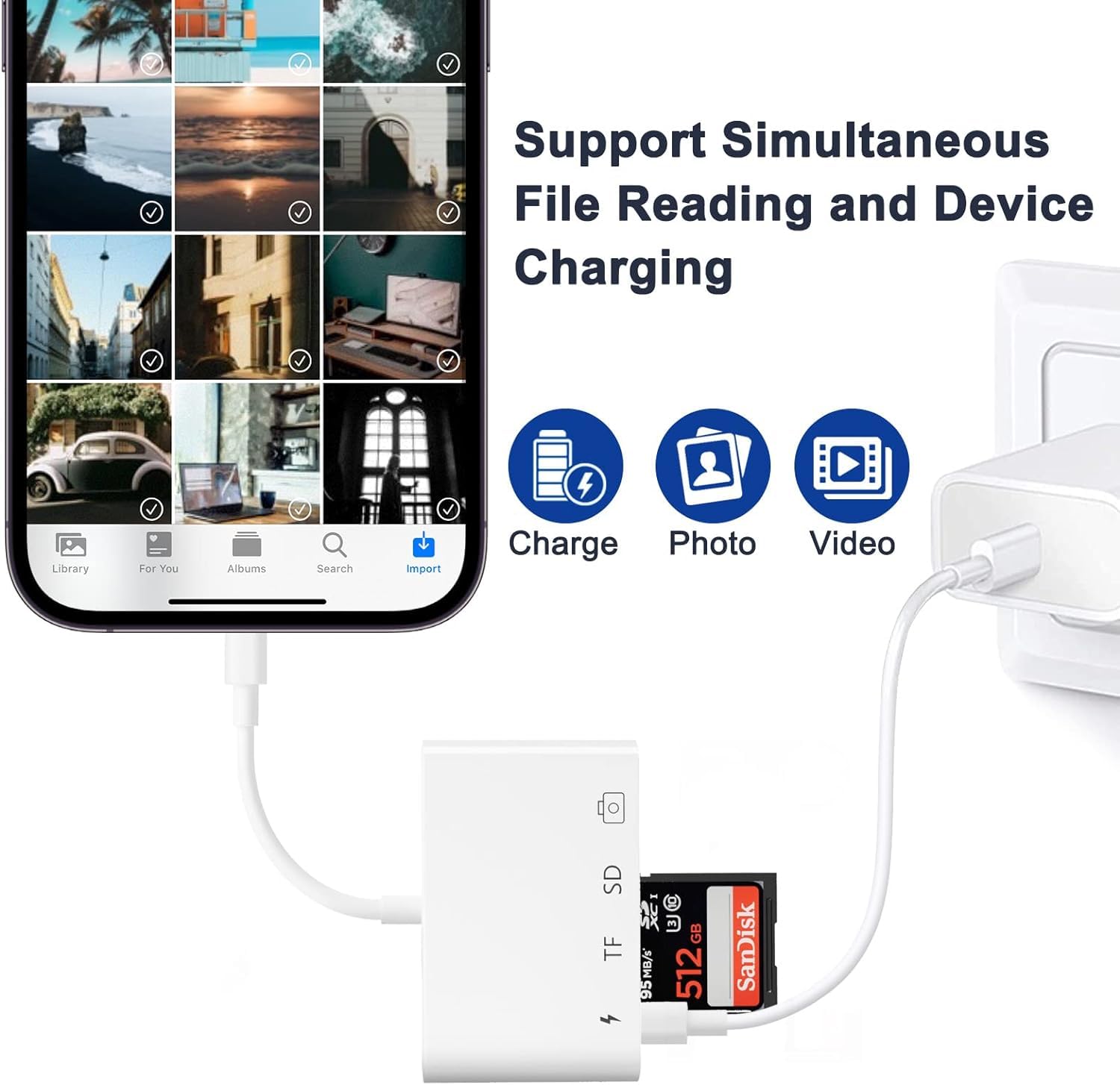 Sounce 4 in 1 Lightning to USB, SD TF Card Reader Adapter with Charging Port for iPhone, iPad, Dual Card Slot, Fast Charging & USB 3.0 OTG Connector Supports USB Flash Drive, Camera and More - White