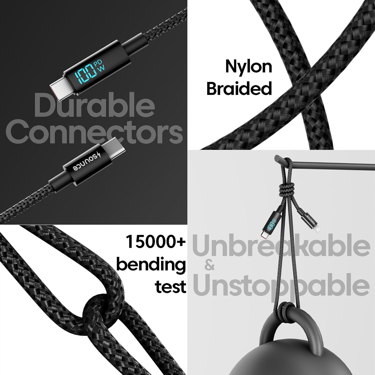 Sounce Unbreakable Type C to Type C 100W Fast Charging Cable with LED Display, 5A Max Output, Fast Data Sync, 1.5 Meter Cable for Smartphones, Tablets, Tangle Resistance supports Laptop Charging