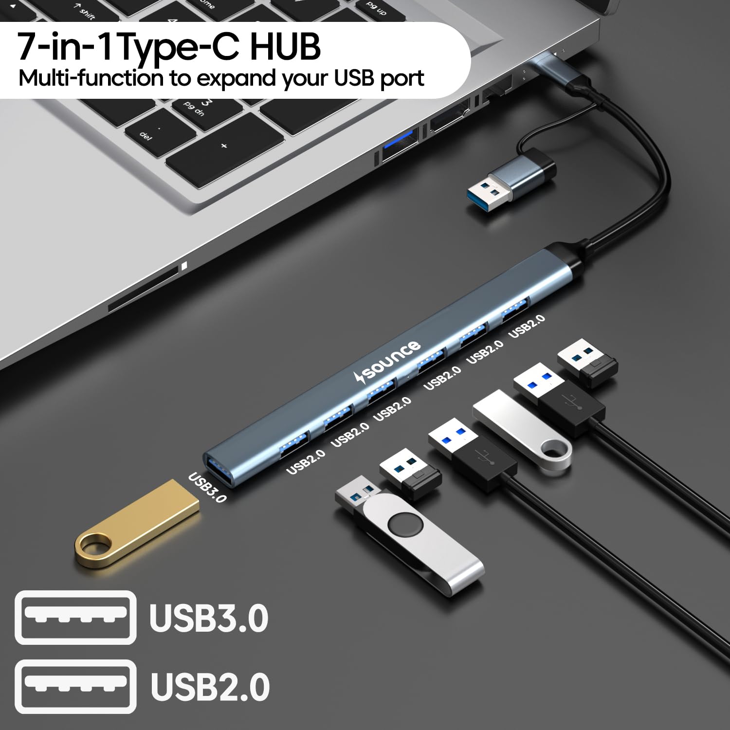 Sounce 7-in-1 USB + Type C Multiport Hub | High-Speed USB 3.0 (5Gbps) | Lightweight Aluminum Body | Universal Compatibility for Laptops, Smartphones, Tablets & PCs