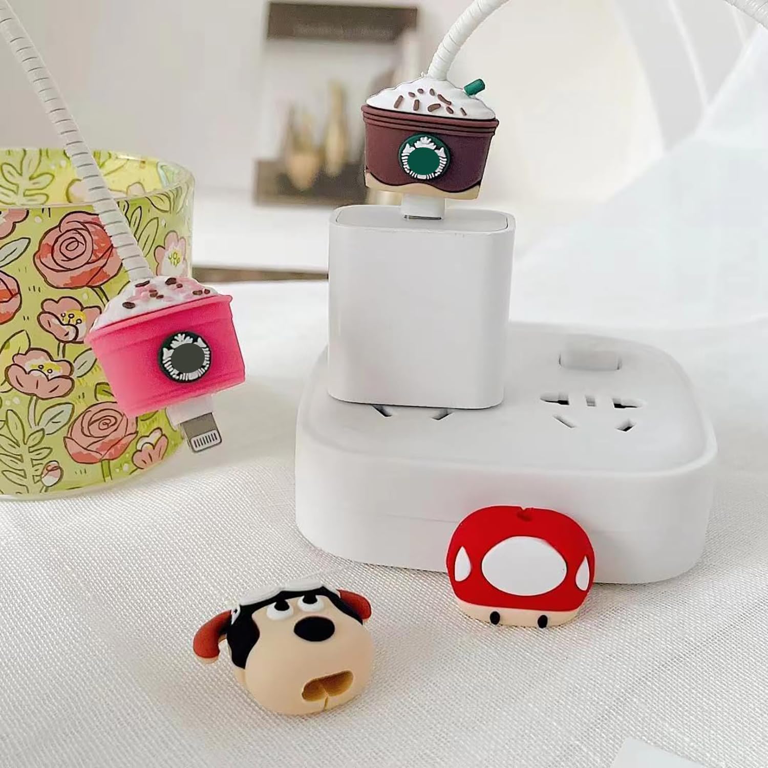 Sounce iPhone 18W & 20W Charger Protector with 3D Cute Starbucks Pattern and Wire Protector for Lightning Cable - Charger Protective Cover, Protection Sleeve, Cord Saver for Earphone