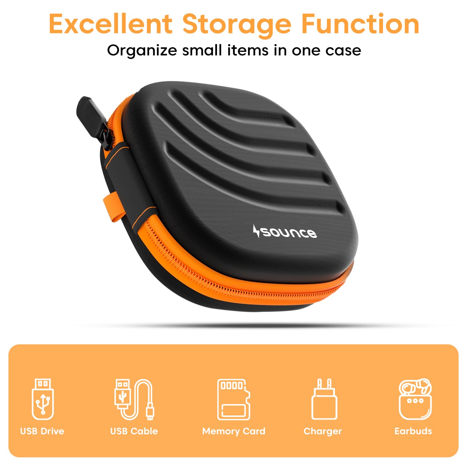 Sounce Earphone Carrying Case with Carabiner Hook | Multi-Purpose Travel Organizer for Earphones, Pen Drives, Memory Cards & Cables | Shockproof & Compact Storage (Black)