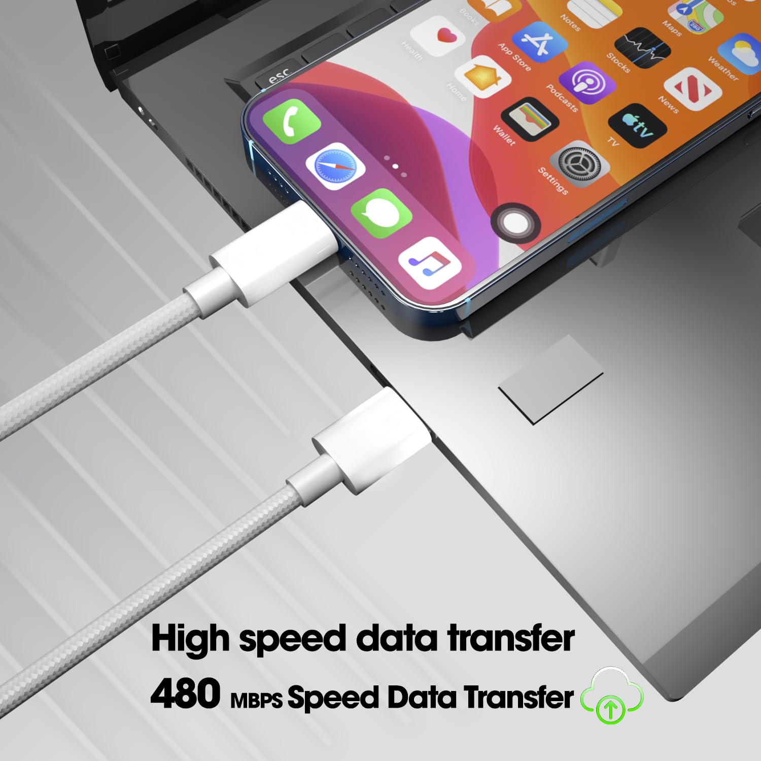 Sounce USB To Lightning 3A 66W Fast Charging Nylon Braided Cable, Up to 480 Mbps Data Transfer & Sync Cord Compatible with iPhone 14, 13, 12, 11, X, 8, 7, 6, 5, iPad Air, Pro, Mini 1.5 Meter - White