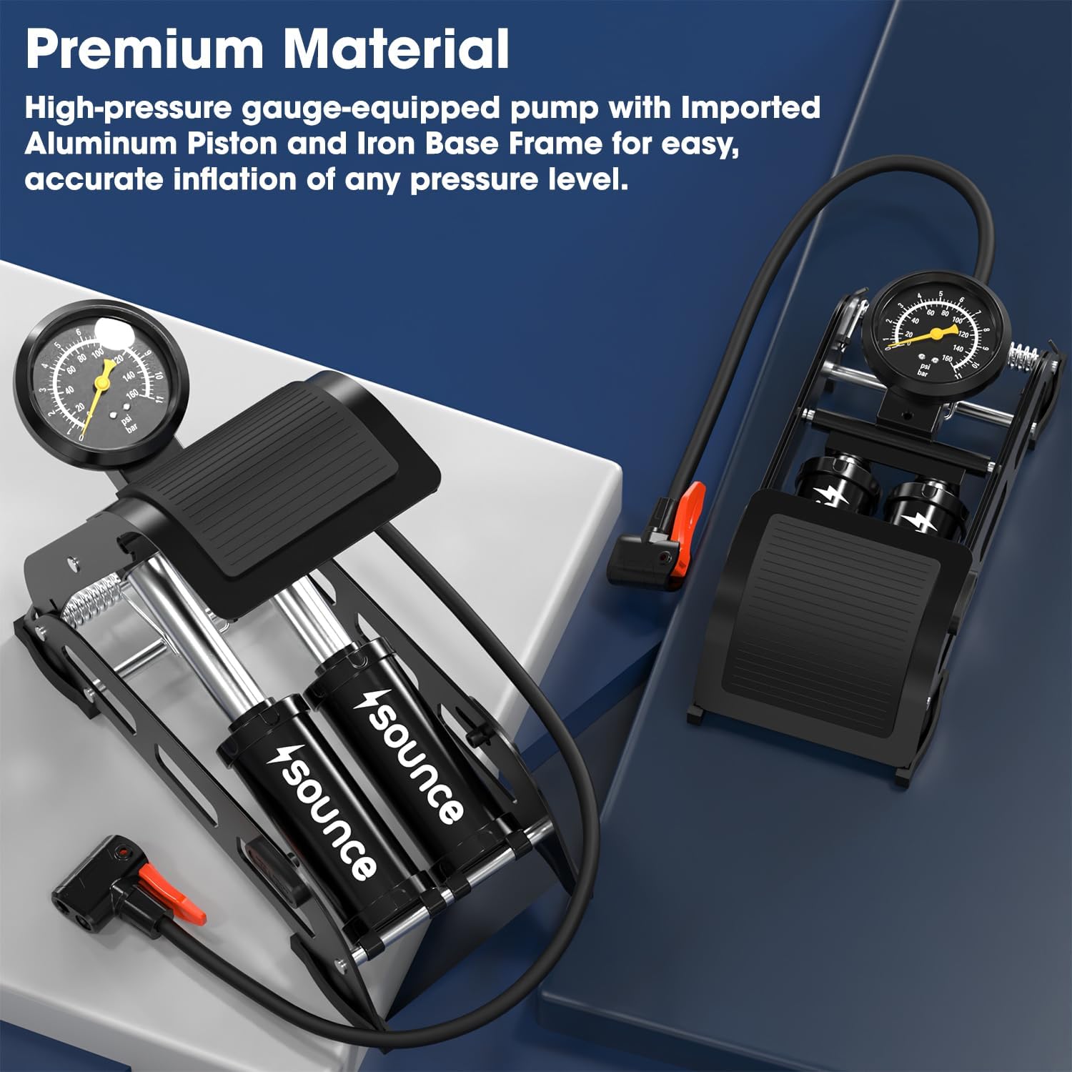 Sounce Floor Cycle Pump with 160 Psi Double Cylinder Portable Foot Pump, Bicycle Pump Portable Air Foot Pump, Tyre Inflator for car Bike and Cycle, Car Air Pump for Tyres