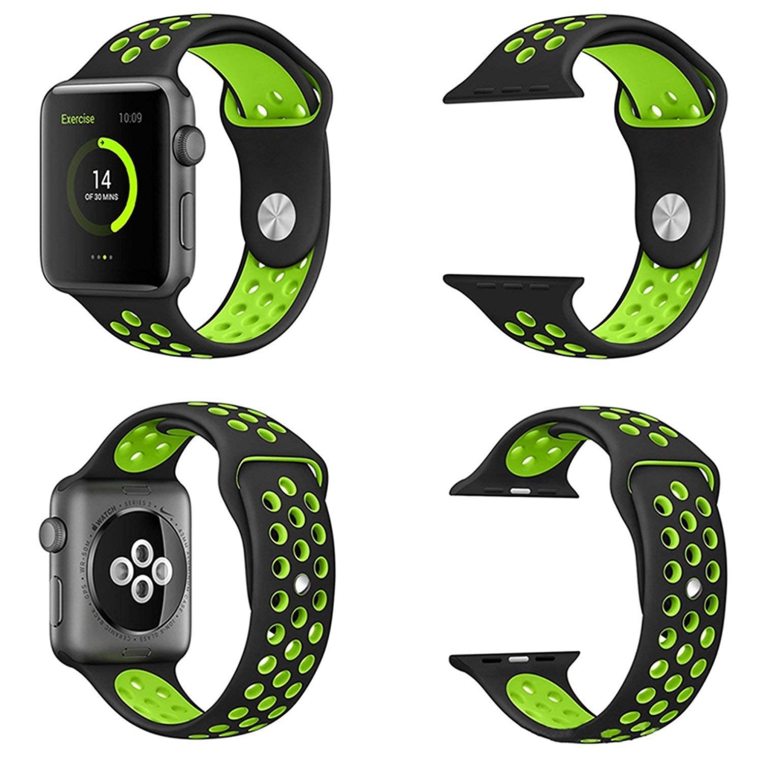 Sounce Sports Strap Compatible for Watch Band 42mm 44mm 45mm Adjustable Silicone Wristband Sport Loop for Watch Series 7/6/5/4/3/2/1, SE - Black-Green