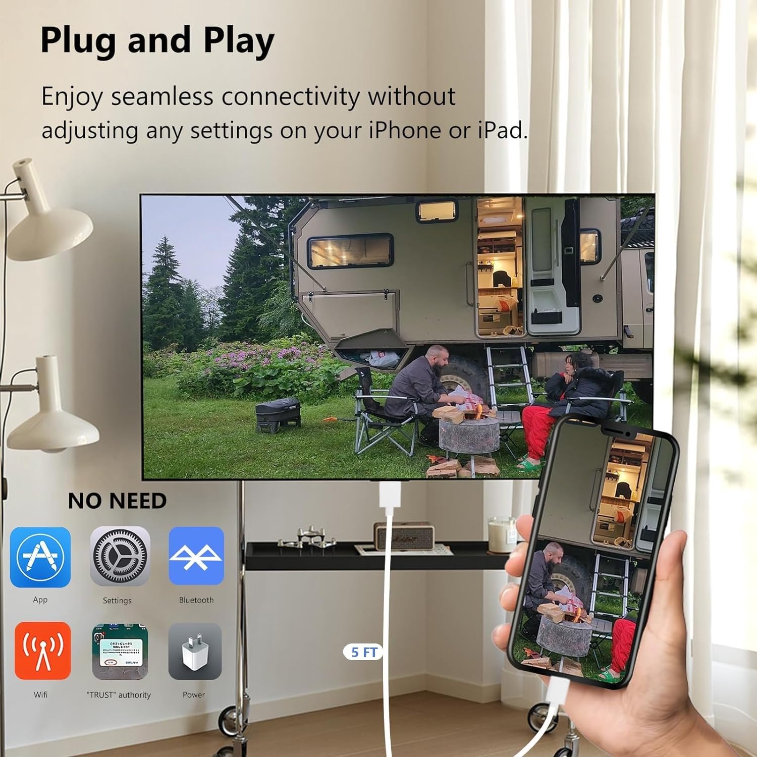 Sounce Lightning to HDMI Adapter Cable With 2K @ 60HZ Hdtv Cable Adapter Ultra High Speed Cord for iPhone iPad Av Sync Screen Connector On Hd Tv Monitor Projector No Need PowerSupply (5Ft)