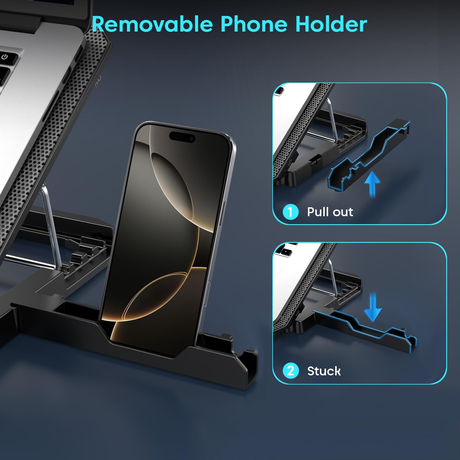 Sounce NC5500D Dual Fan Laptop Cooler with Silent Operation, Fan Speed Adjustment, Smart Display Panel, 5-Level Foldable Stand & Phone Holder – Black