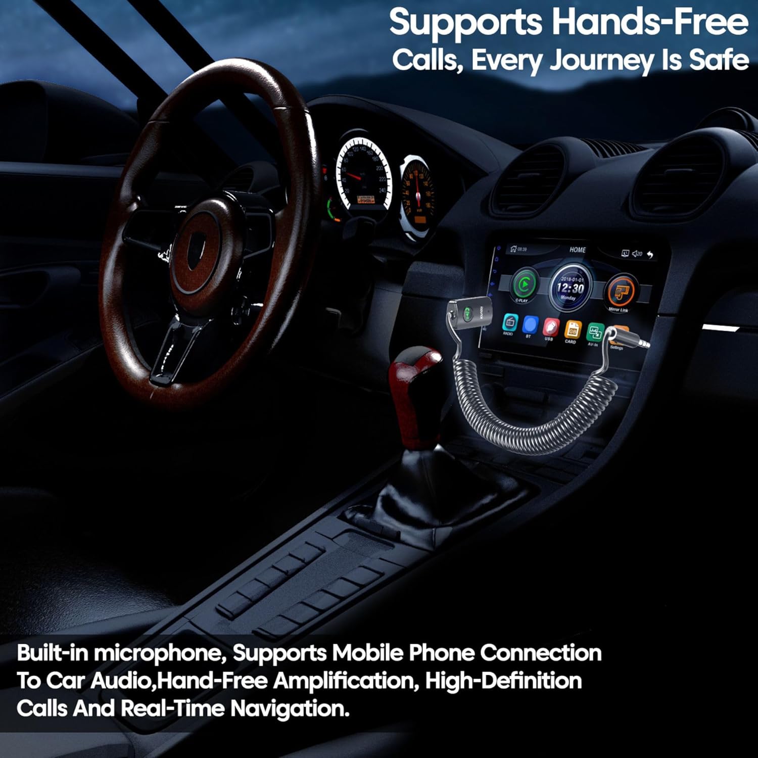 Sounce Bluetooth Car Receiver with Hands-Free Calling,Built-in Microphone, 85 cm Coiled Cable, Multi-Function Button, Music Playback, Wireless AUX Adapter for Car Audio (Black)