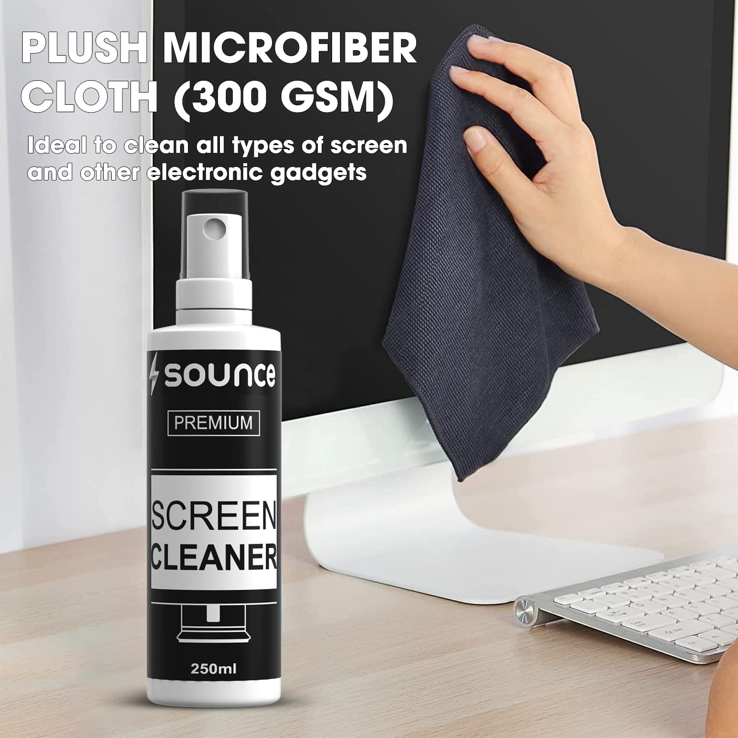 Sounce 2-in-1 Professional Screen Cleaning Kit | 250ml Anti-Static Non-Toxic Spray + Plush Microfiber Cloth | For Camera, Laptop, Monitor, TV, Smartphone, Tablet & More