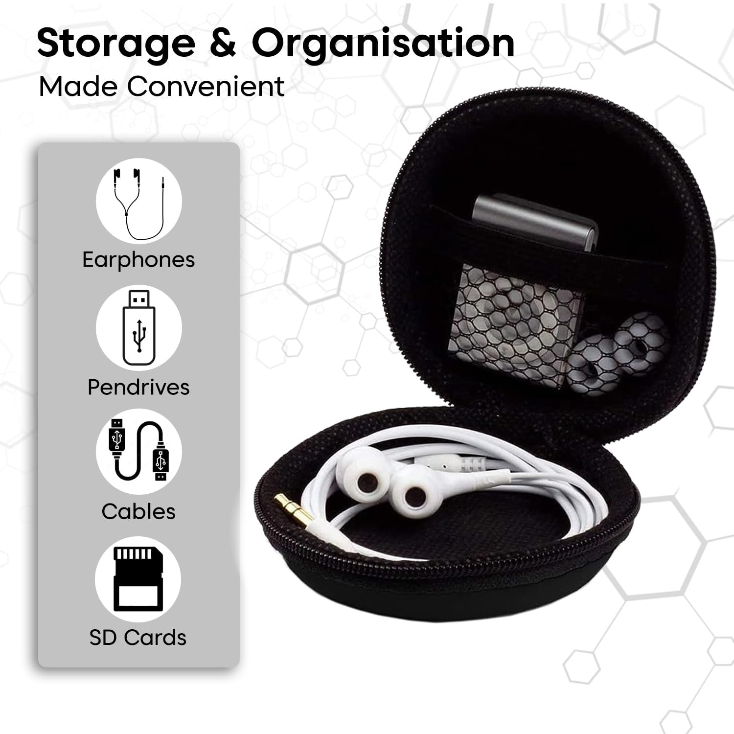 Sounce Multi-Functional Portable Hard Shell Carrying Case for Earphones, Headsets, Pen Drives, SD Cards & Mobile Accessories – Compact Travel Storage Pouch with Shockproof Protection – Black