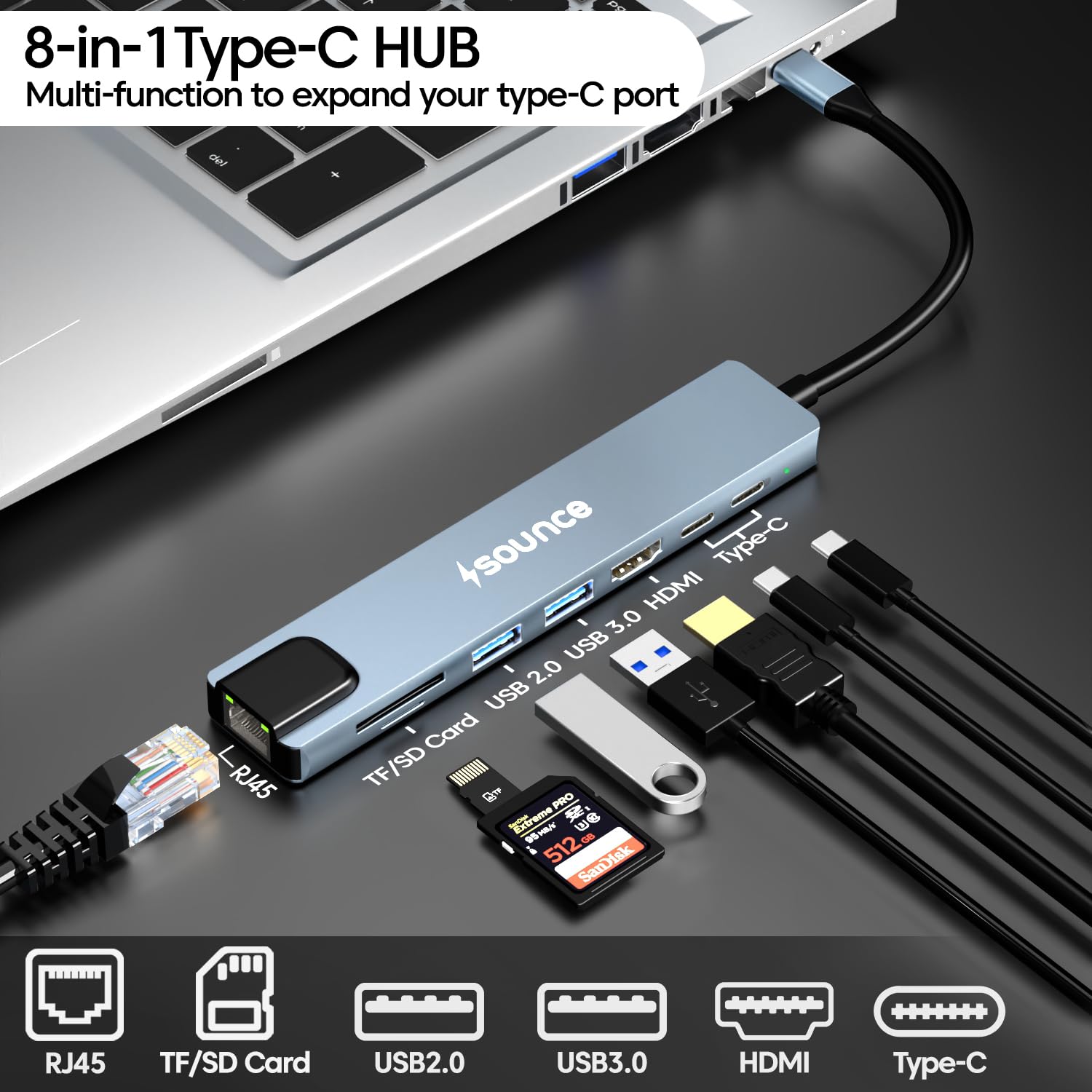 Sounce 8-in-1 USB-C Hub Dock | Premium Aluminum Type-C Adapter with 4K HDMI, 100Mbps Ethernet, USB 3.0, 100W PD Charging, TF/SD Card Reader | Universal for Mac & Windows USB-C Devices