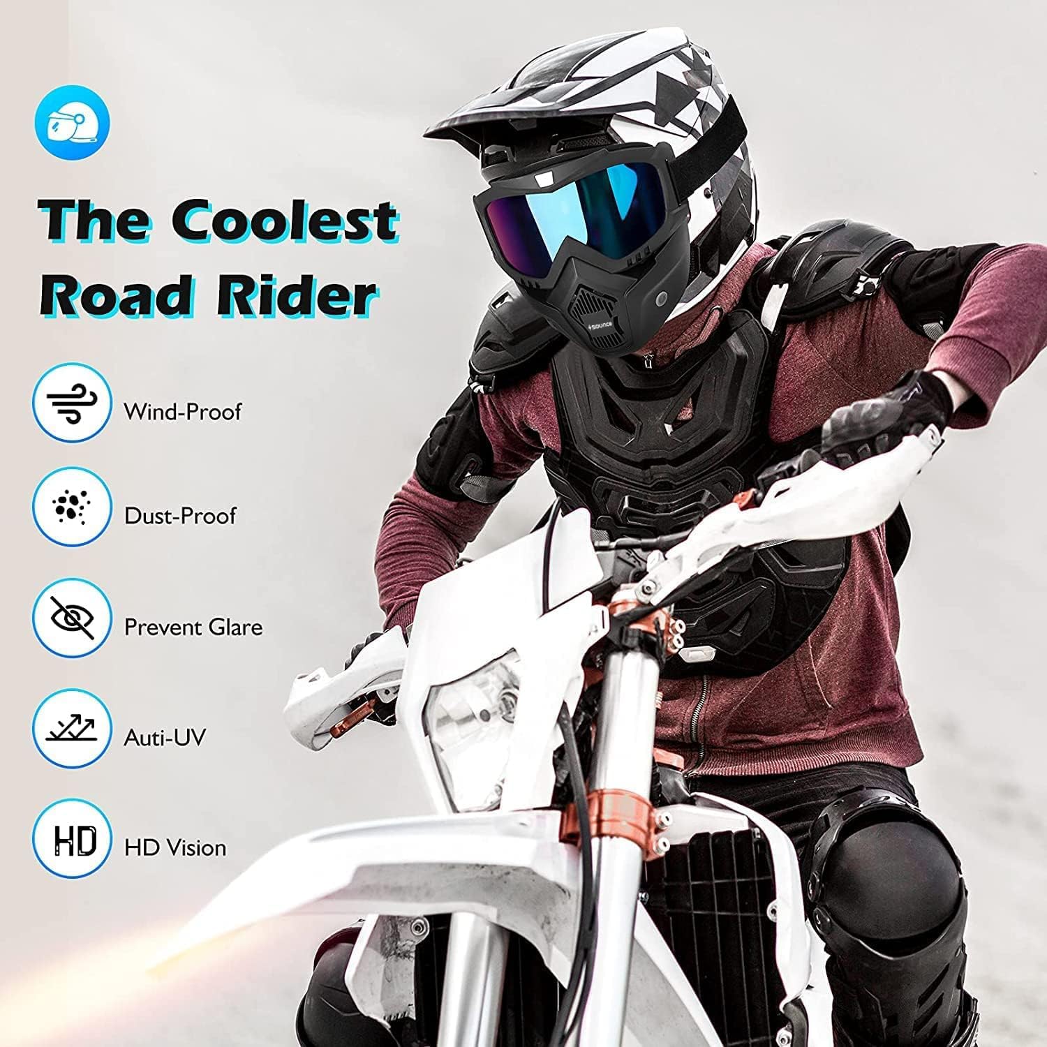 Sounce Anti Scratch Goggle Bike Mask, UV Protective Open Face & Eyewear Windproof Dirt Shield Adjustable Strap Soft Foam Padded Detachable for Cycling Bike Off Road Racing Riding Unisex - Rainbow
