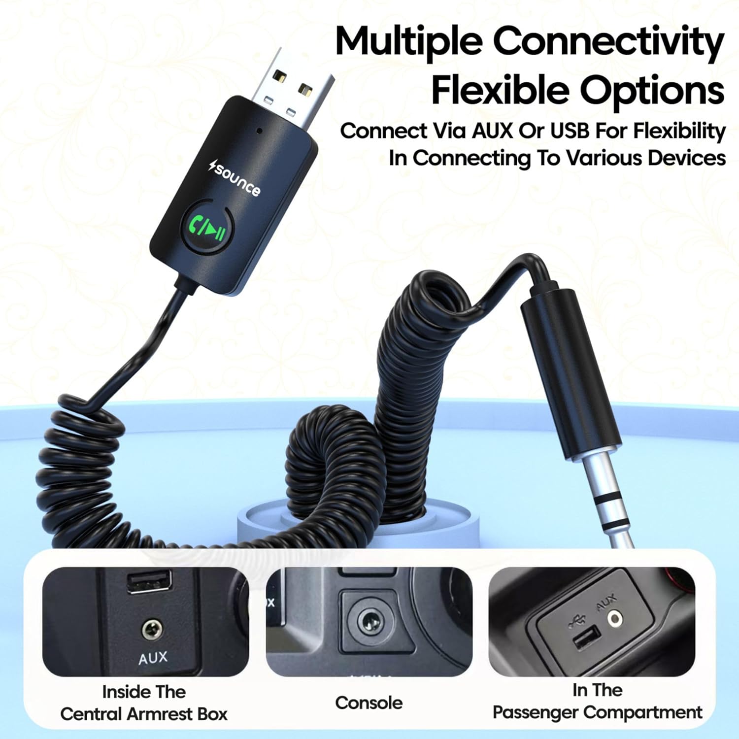 Sounce Bluetooth Car Receiver with Hands-Free Calling,Built-in Microphone, 85 cm Coiled Cable, Multi-Function Button, Music Playback, Wireless AUX Adapter for Car Audio (Black)